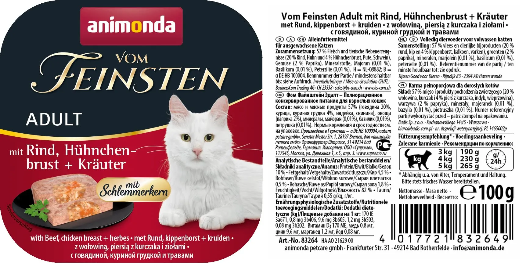 animonda Vom Feinsten Adult cibo per gatti, alimento umido per gatti adulti, prelibato ripieno gourmet con manzo, petto di pollo + erbe aromatiche, 32 x 100 g - immagine 2