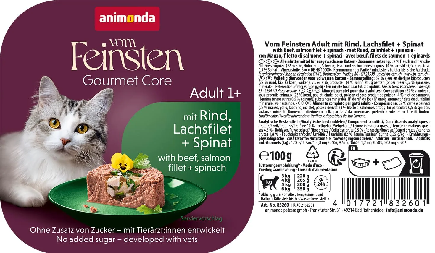 animonda Vom Feinsten Adult cibo per gatti, alimento umido per gatti adulti, prelibato ripieno gourmet con manzo, filetto di salmone + spinaci, 32 x 100 g - immagine 4
