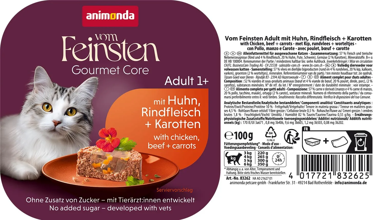 animonda Vom Feinsten Adult cibo per gatti, alimento umido per gatti adulti, prelibato ripieno gourmet con pollo, filetto di manzo + carote, 32 x 100 g - immagine 3