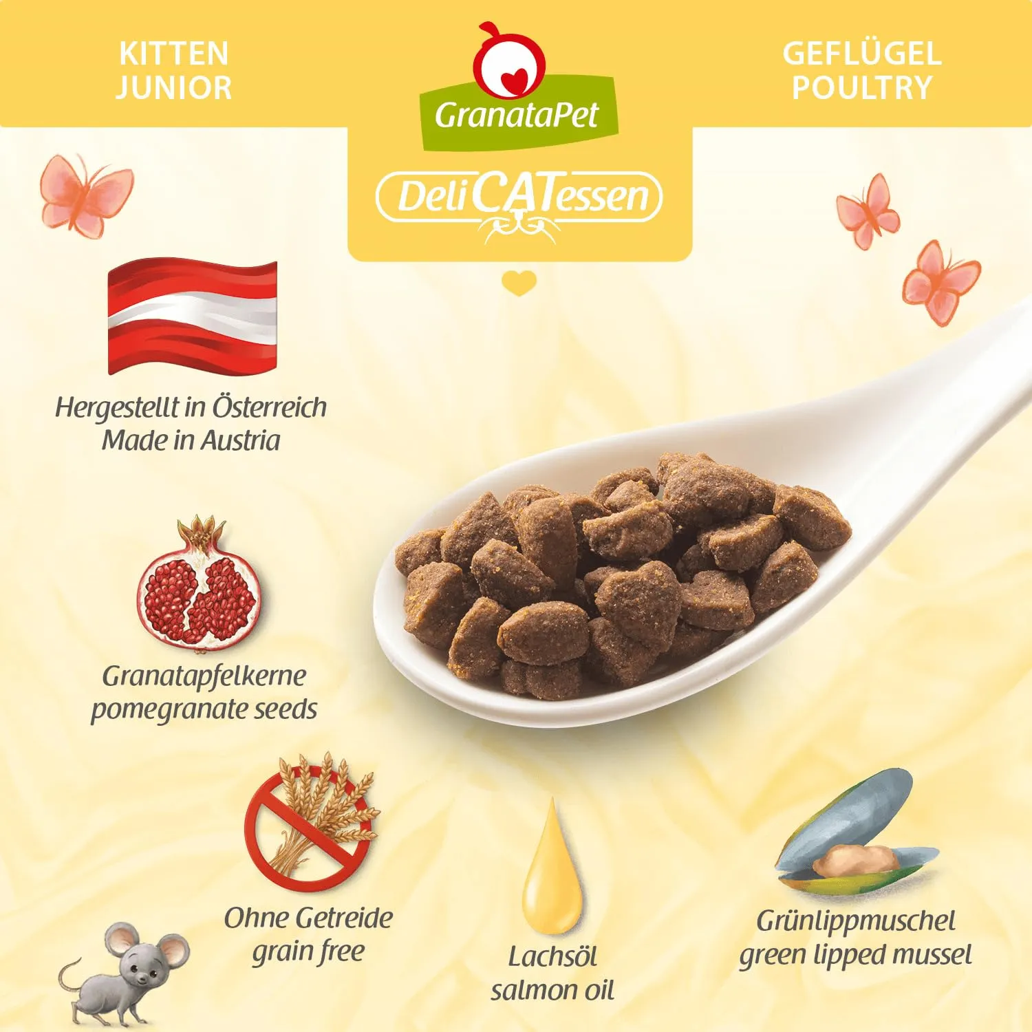GranataPet DeliCatessen Kitten/Junior pollame, cibo secco per gatti, cibo gustoso per gatti, alimento completo senza cereali e senza zuccheri aggiunti, 9 kg - immagine 5