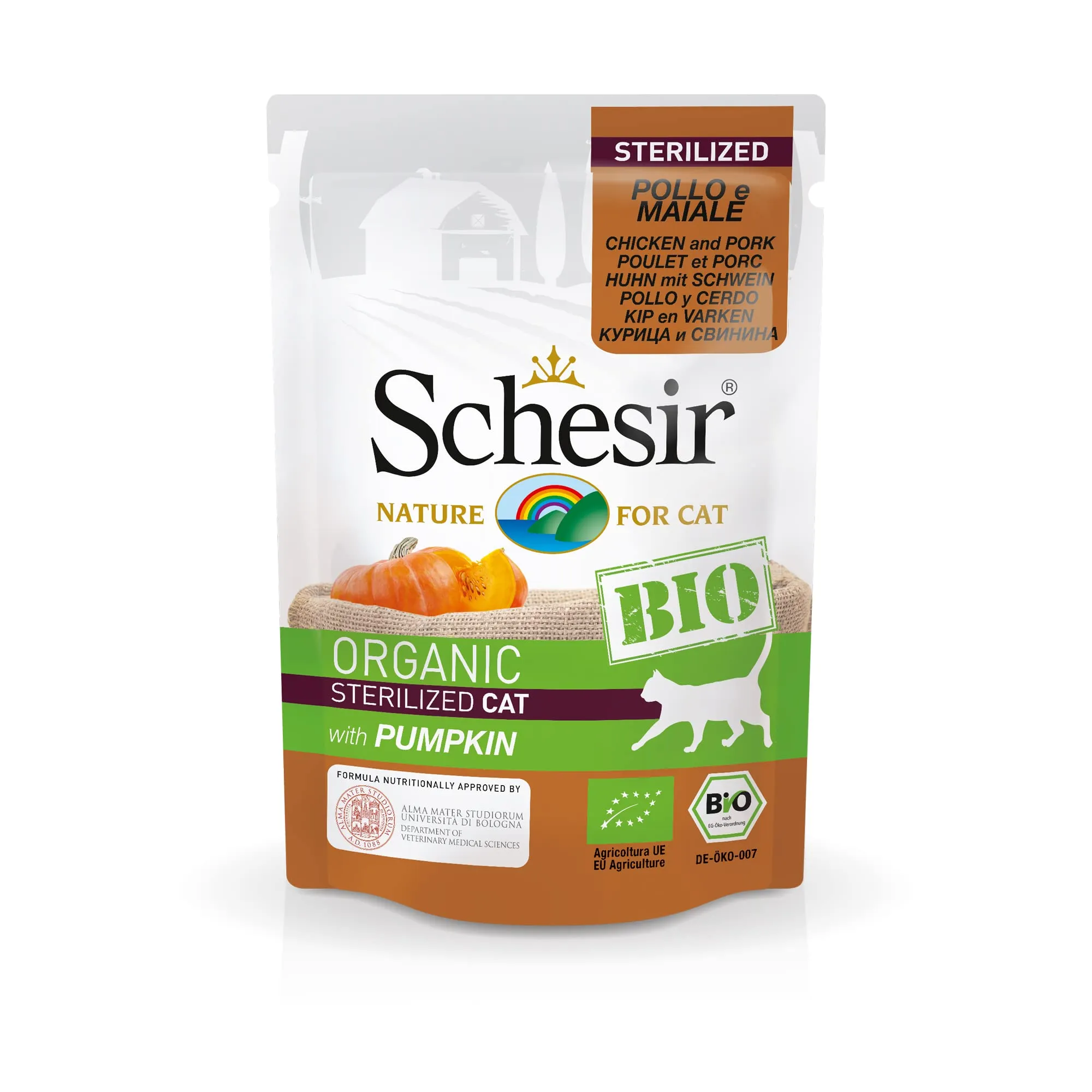 Schesir BIO, Alimento Umido Completo per Gatti, Patè di Pollo e Maiale con Zucca, Senza Cereali, in Busta, Gluten Free, 16 x 85 g - immagine 1