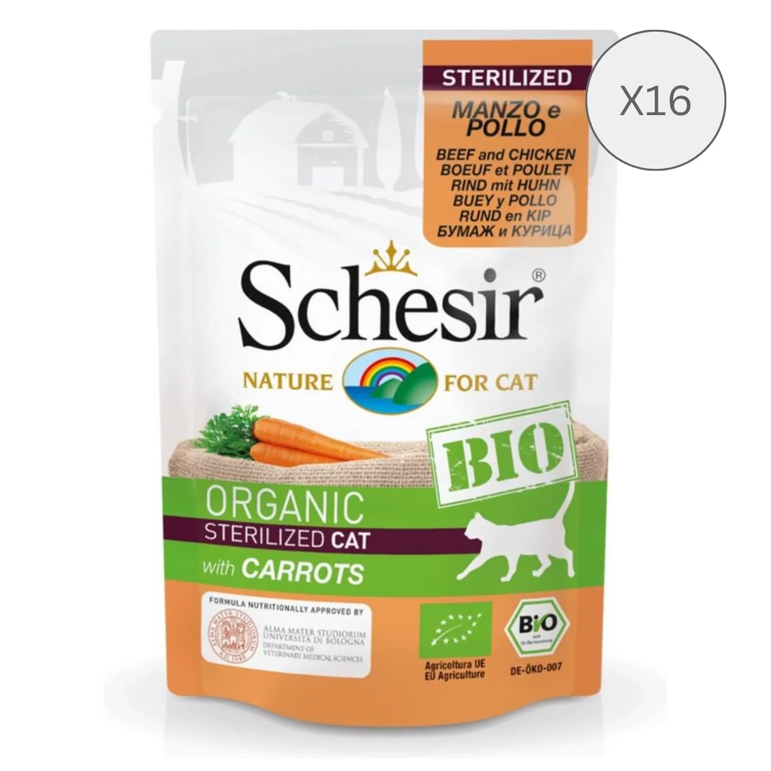 Schesir BIO, Alimento Umido Completo per Gatti, Patè di Manzo e Pollo con Carote, Senza Cereali, in Busta, Gluten Free, 16 x 85 g - immagine 2