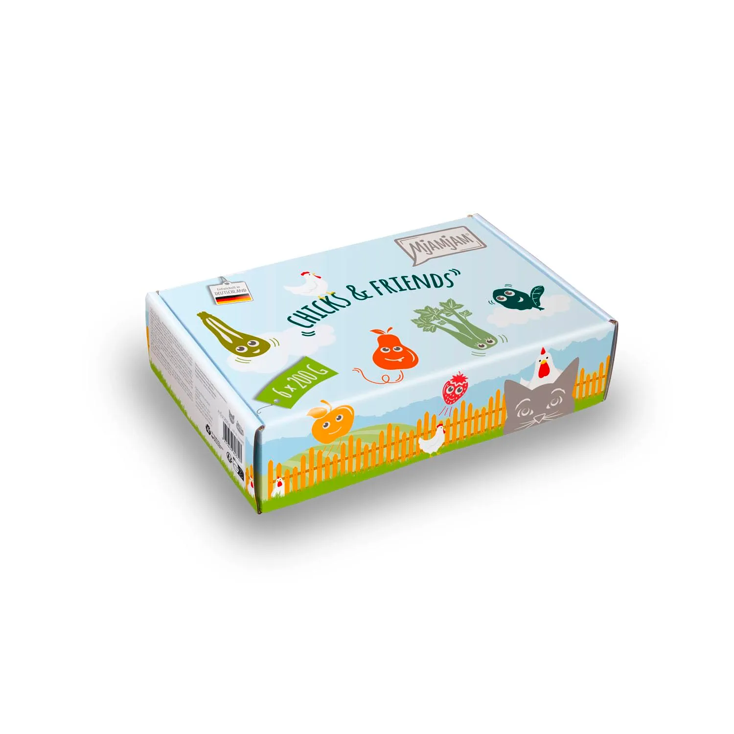 MjAMjAM - Cibo umido premium per gatti - Chicks & Friends Box, confezione da 6 (6 x 200g), senza cereali con carne extra - immagine 1