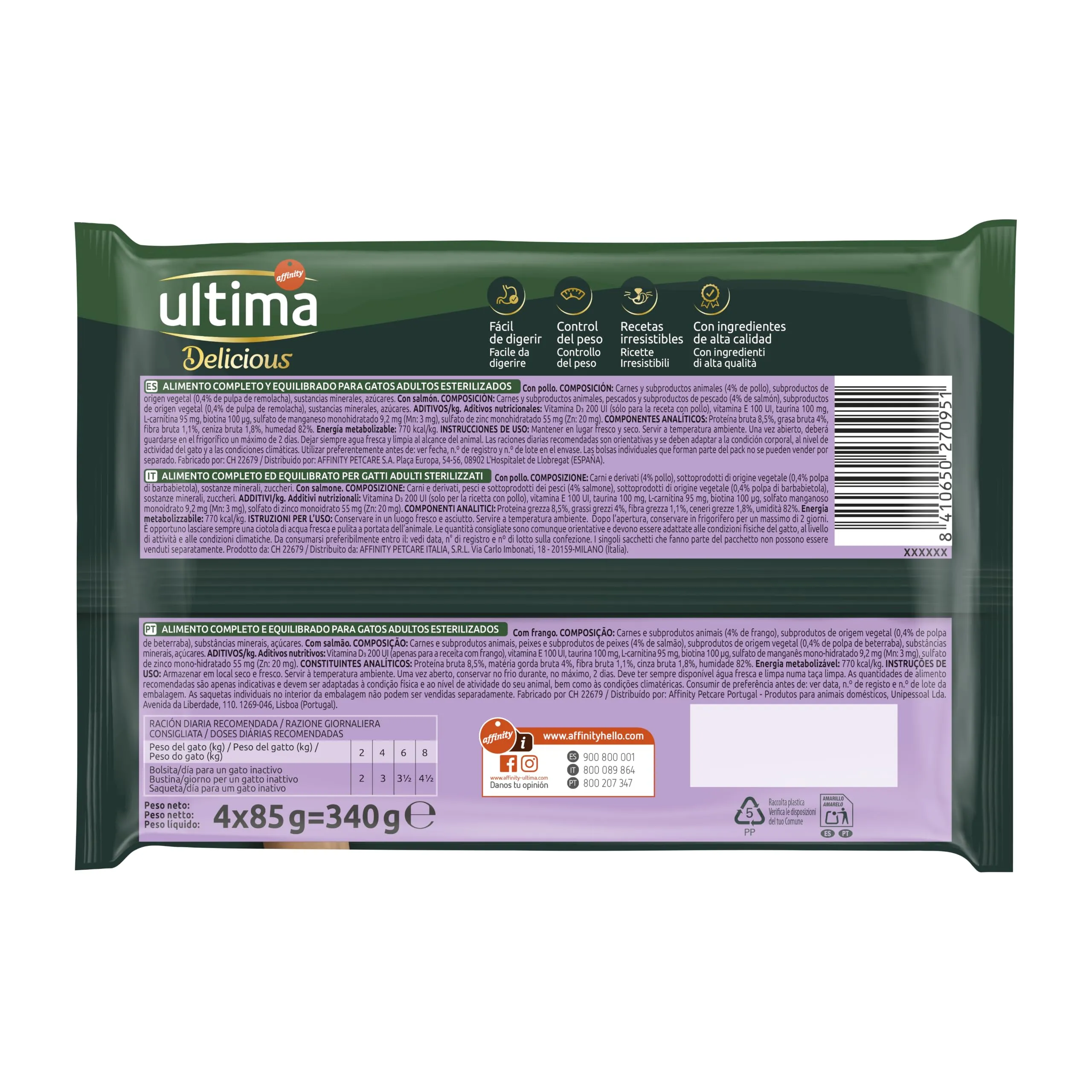 Ultima Cibo Umido Per Gatti Con Pollo E Salmone - 4 X 85Gr X 12 (4,08 Kg) - 4080 g - immagine 2