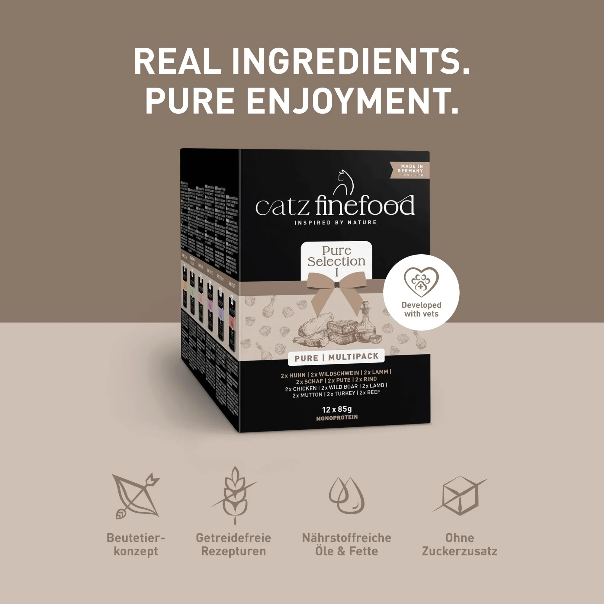 catz finefood Purrrr Collection I - Cibo monoproteico per gatti bagnato, senza cereali, senza zucchero, ipoallergenico, ad alta percentuale di carne, confezione multipla di cibo umido per gatti, in - immagine 4