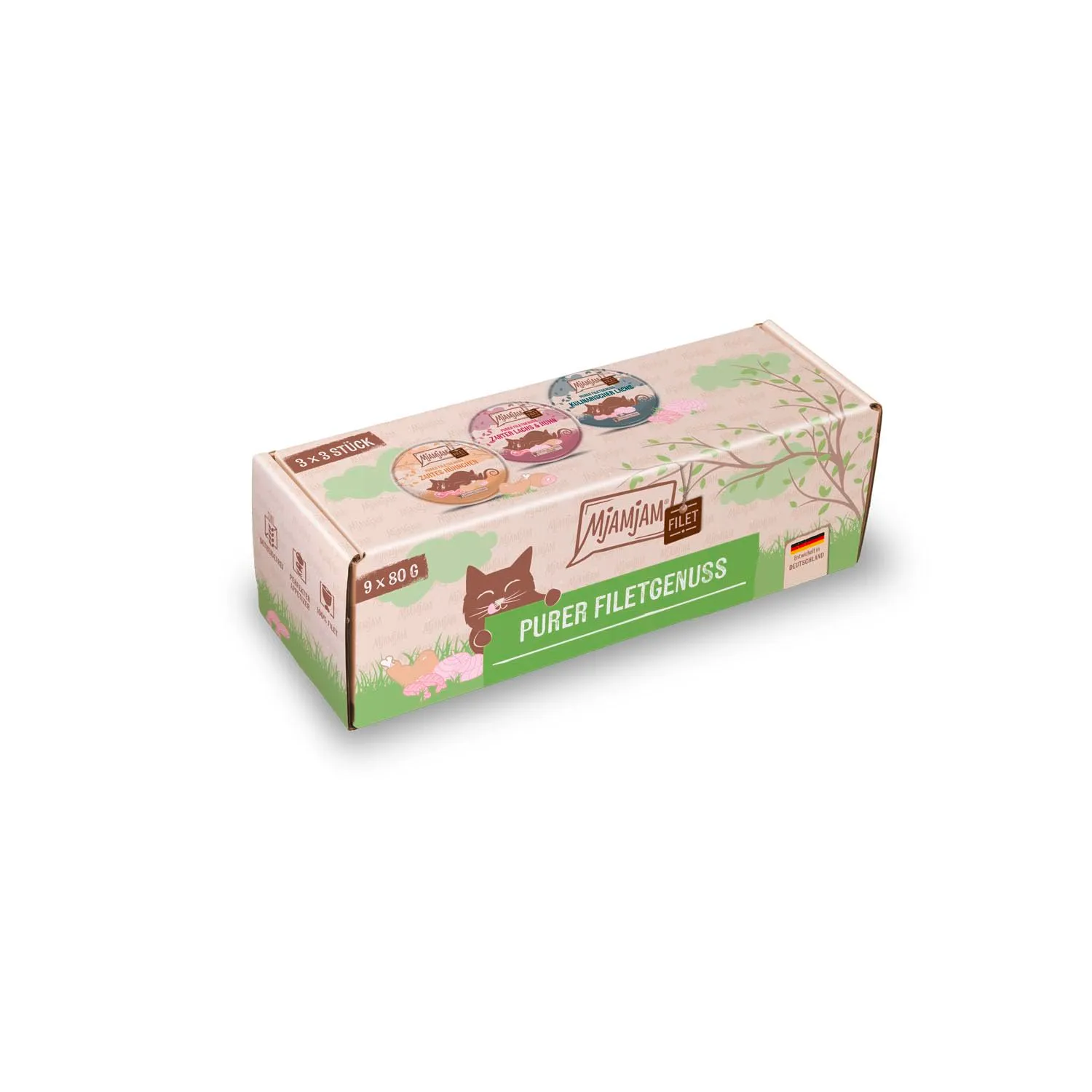 MjAMjAM - Cibo umido premium per gatti - Gustoso filetto puro Mixpack, confezione da 9 (9 x 80g), senza cereali con carne extra - immagine 1