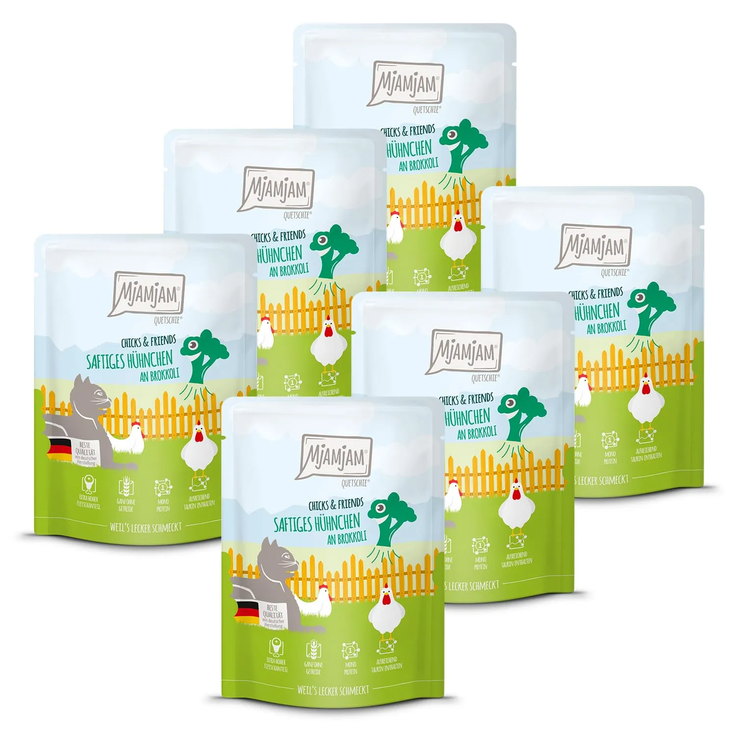 MjAMjAM - Cibo umido premium per gatti - Quetschie - Chicks & Friends pollo succulento con broccoli, confezione da 6 (6 x 300g), senza cereali - immagine 1