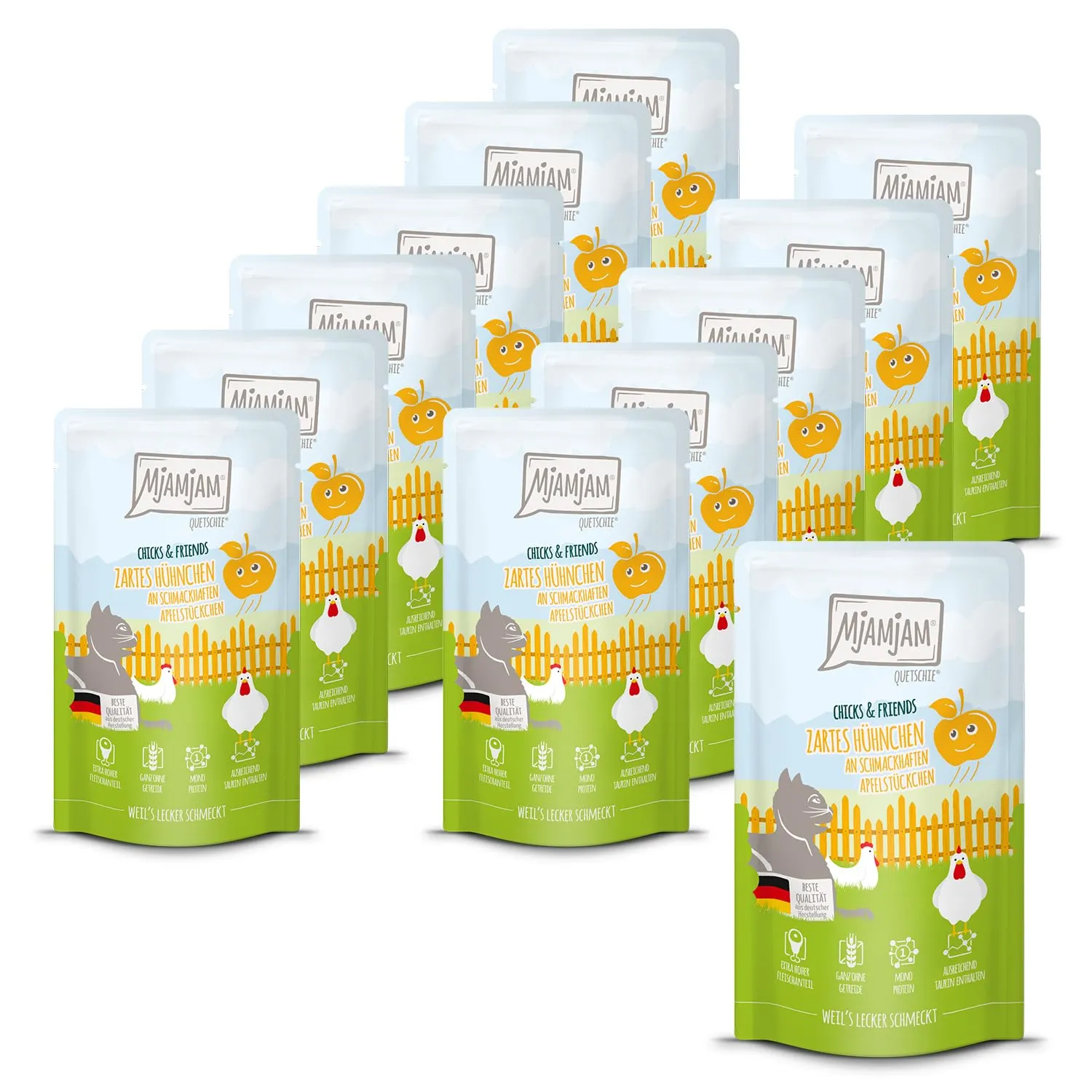 MjAMjAM - Cibo umido premium per gatti - Quetschie - Chicks & Friends tenero pollo con gustosi pezzi di mela, confezione da 12 (12 x 125g), senza cereali - immagine 1