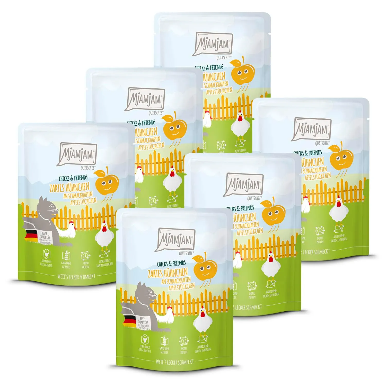 MjAMjAM - Cibo umido premium per gatti - Quetschie - Chicks & Friends tenero pollo con gustosi pezzi di mela, confezione da 6 (6 x 300g), senza cereali - immagine 1