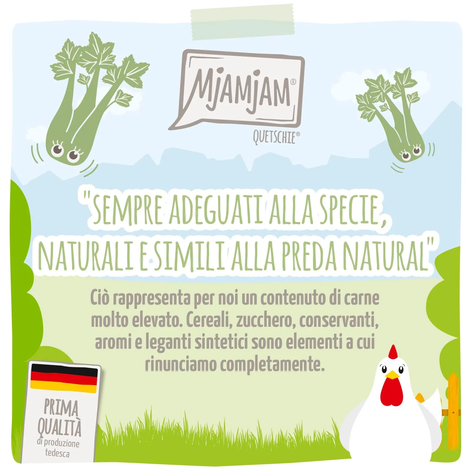 MjAMjAM - Cibo umido Premium per gatti - Quetschie - Chicks & Friends gustoso pollo con sedano rapa al vapore, confezione da 12 (12 x 125g), senza cereali - immagine 2