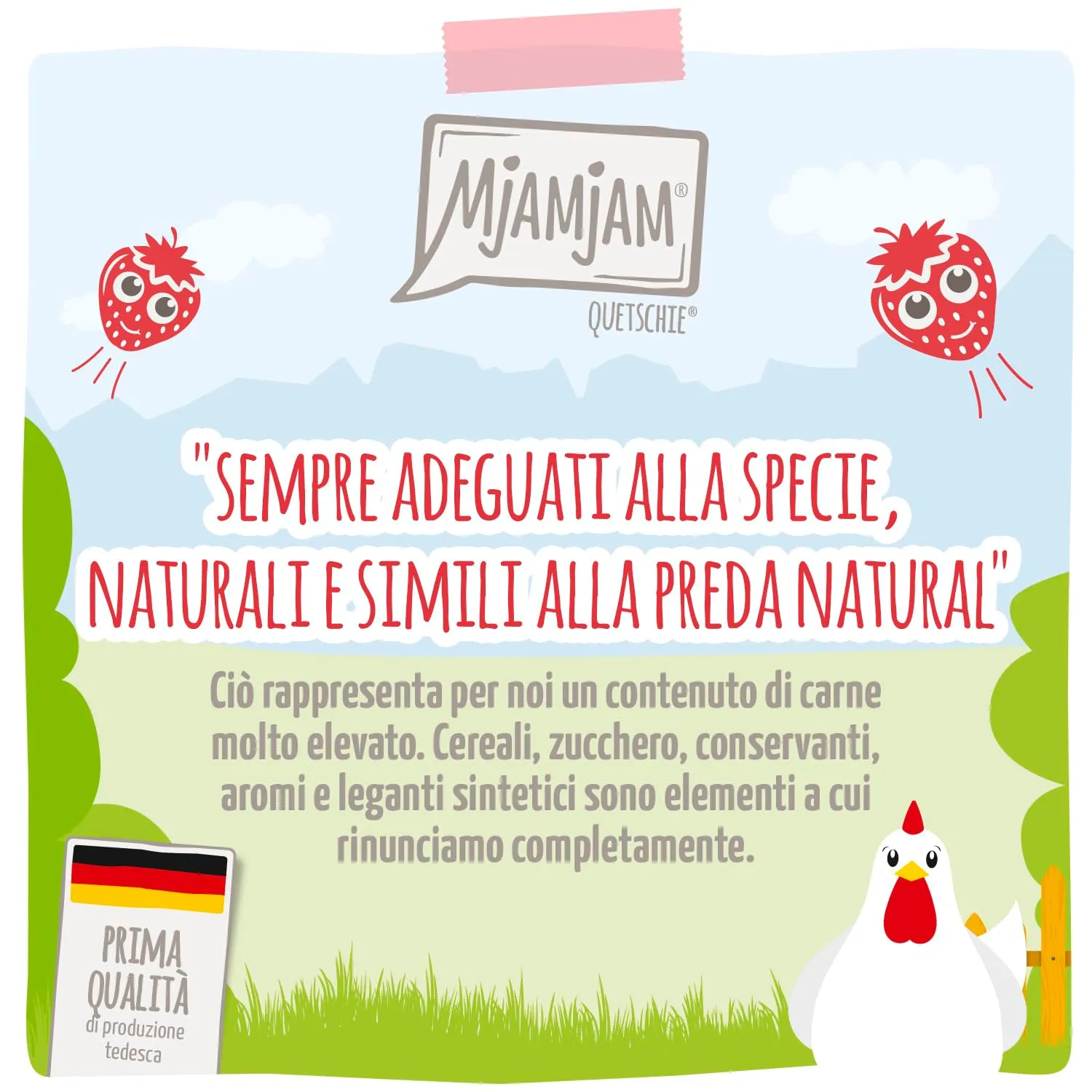 MjAMjAM - Cibo umido premium per gatti - Quetschie - Chicks & Friends pollo delicato con fragole fruttate, confezione da 6 (6 x 300g), senza cereali - immagine 2