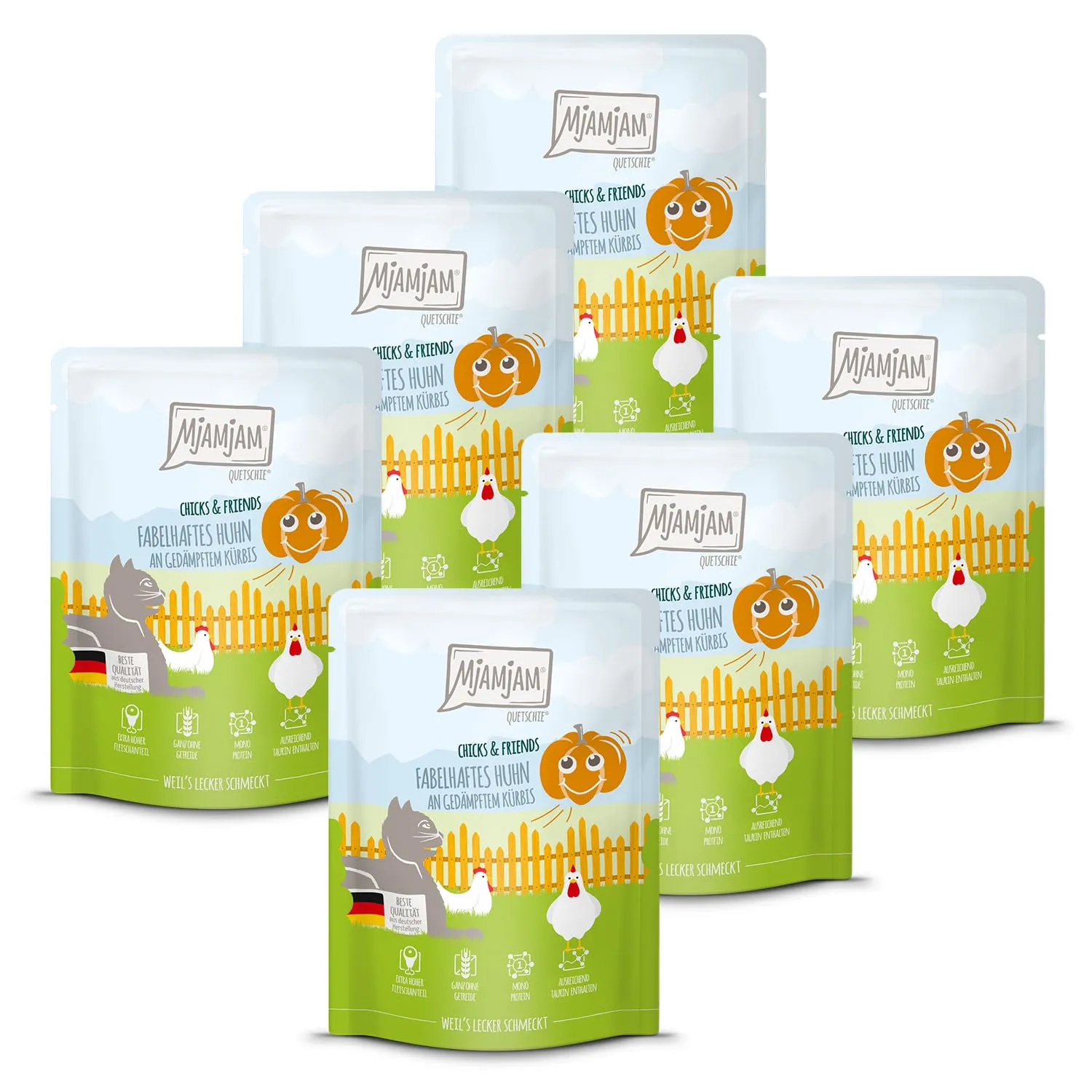 MjAMjAM - Cibo umido premium per gatti - Quetschie - Chicks & Friends favoloso pollo con zucca al vapore, confezione da 6 (6 x 300g), senza cereali - immagine 1