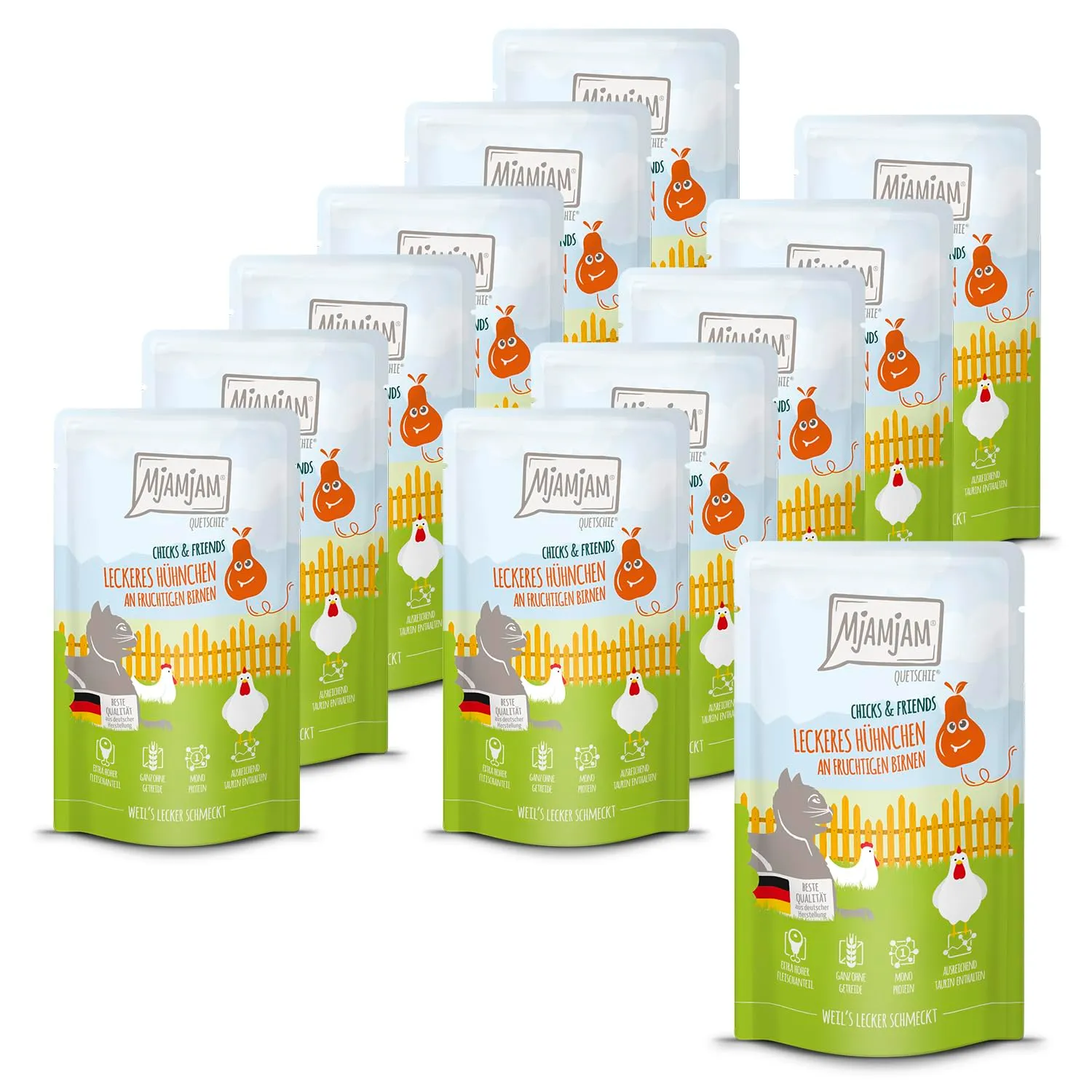 MjAMjAM - Cibo umido premium per gatti - Quetschie - Chicks & Friends delizioso pollo con pere fruttate, confezione da 12 (12 x 125g), senza cereali - immagine 1
