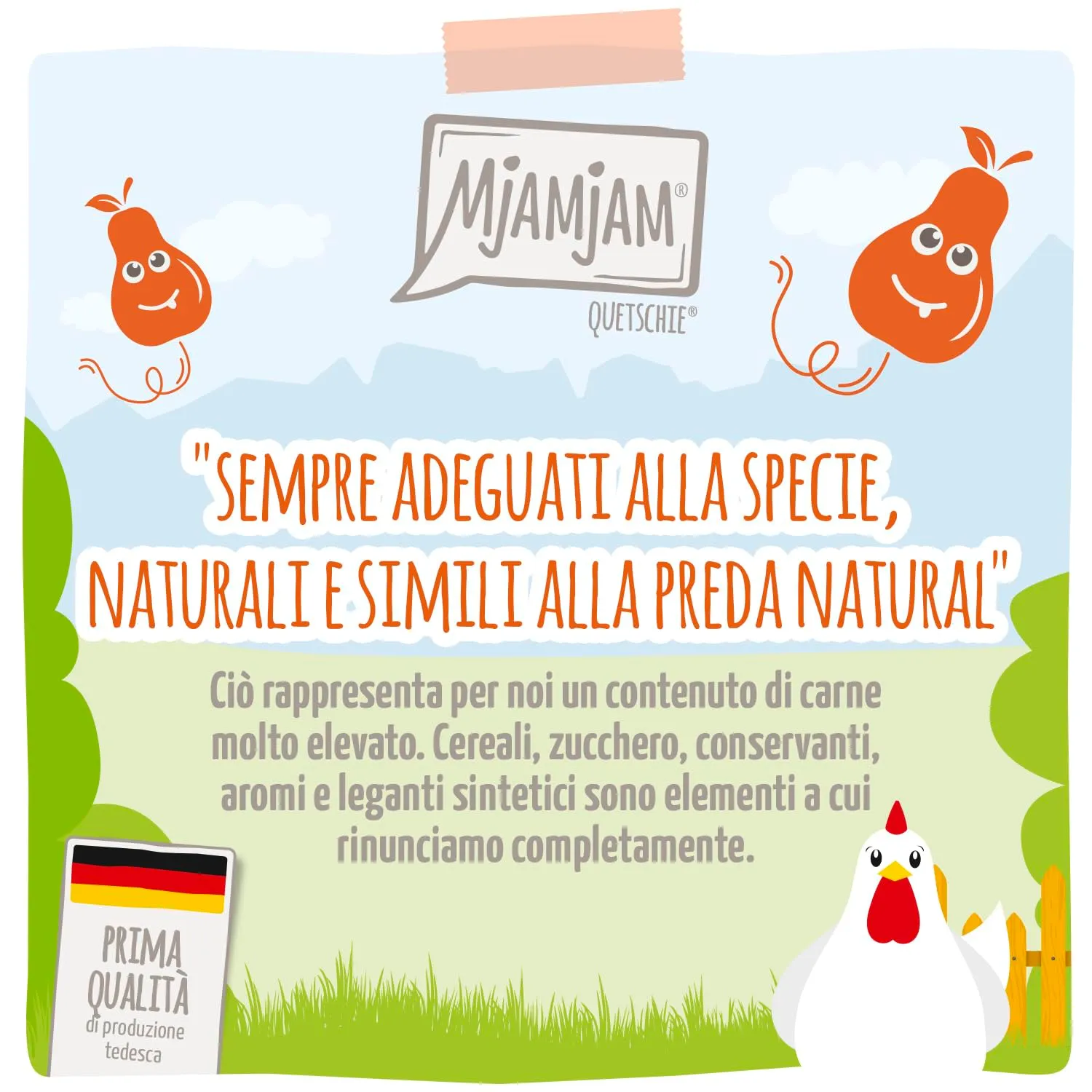 MjAMjAM - Cibo umido premium per gatti - Quetschie - Chicks & Friends delizioso pollo con pere fruttate, confezione da 12 (12 x 125g), senza cereali - immagine 2