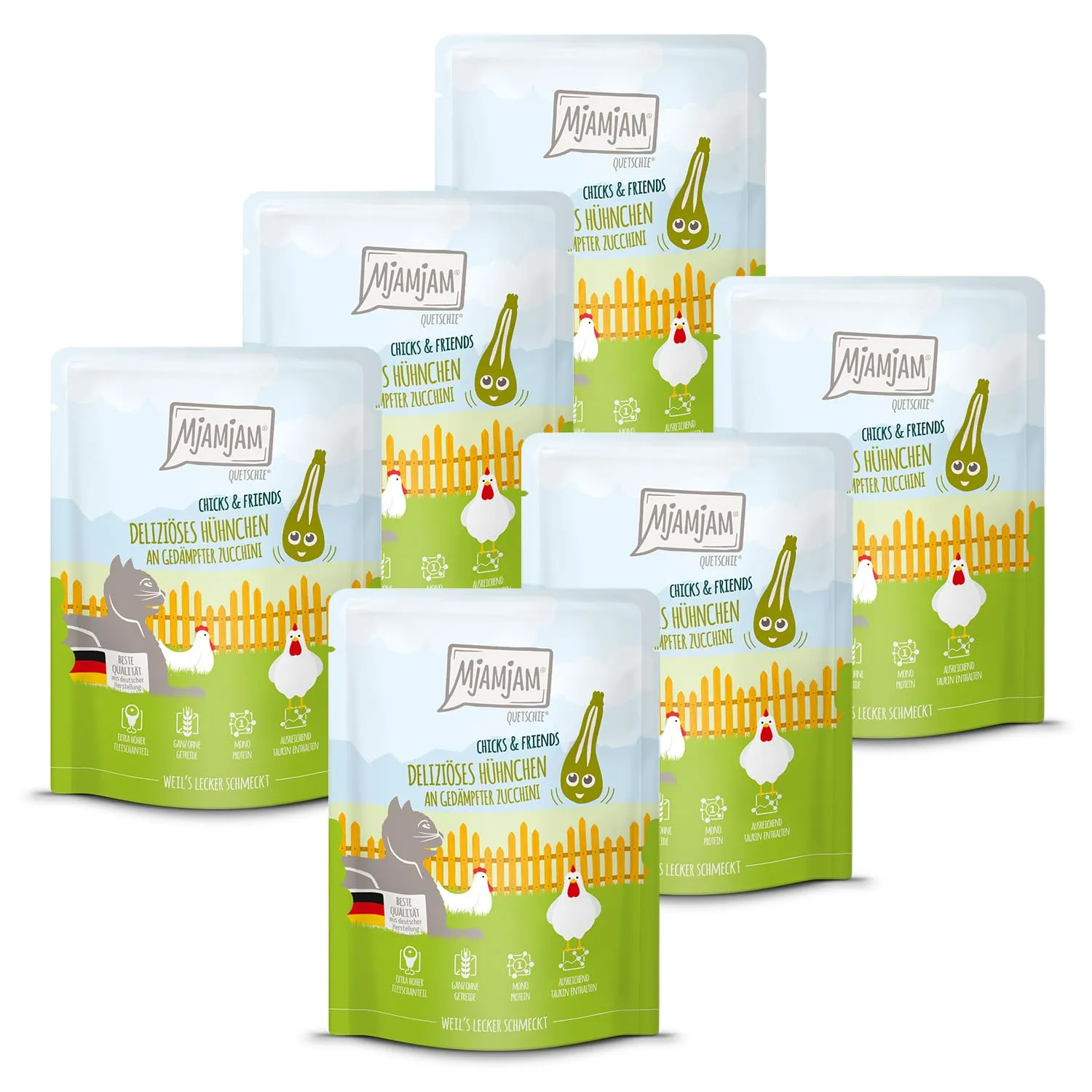 MjAMjAM - Cibo umido premium per gatti - Quetschie - Chicks & Friends delizioso pollo con zucchine al vapore, confezione da 6 (6 x 300g), senza cereali - immagine 1