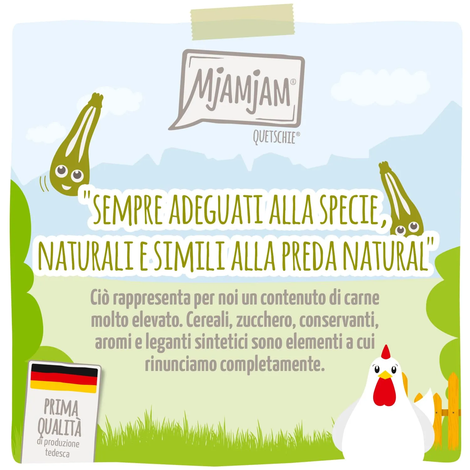 MjAMjAM - Cibo umido premium per gatti - Quetschie - Chicks & Friends delizioso pollo con zucchine al vapore, confezione da 6 (6 x 300g), senza cereali - immagine 2