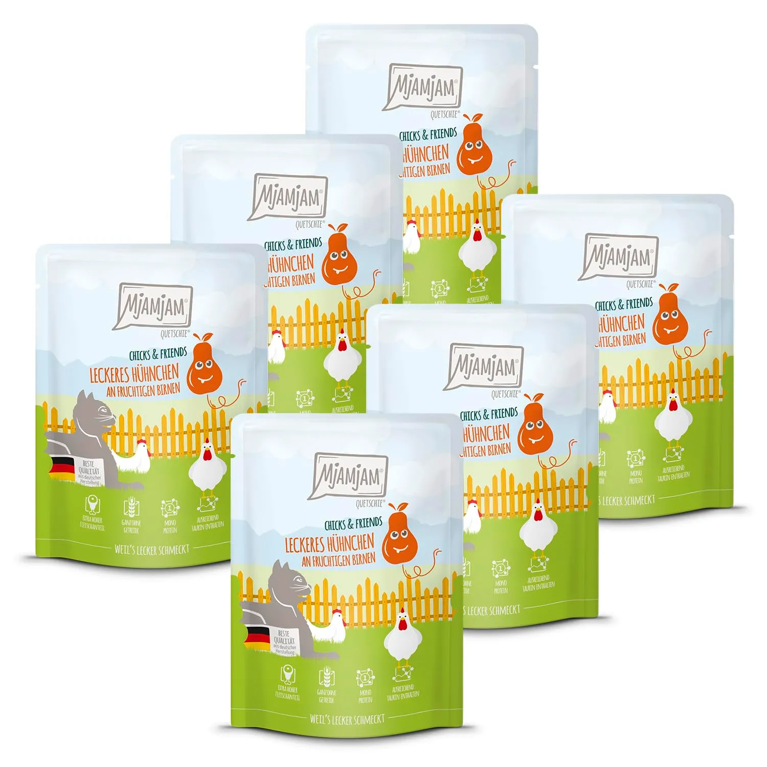 MjAMjAM - Cibo umido Premium per gatti - Quetschie - Chicks & Friends delizioso pollo con pere fruttate, confezione da 6 (6 x 300g), senza cereali - immagine 1