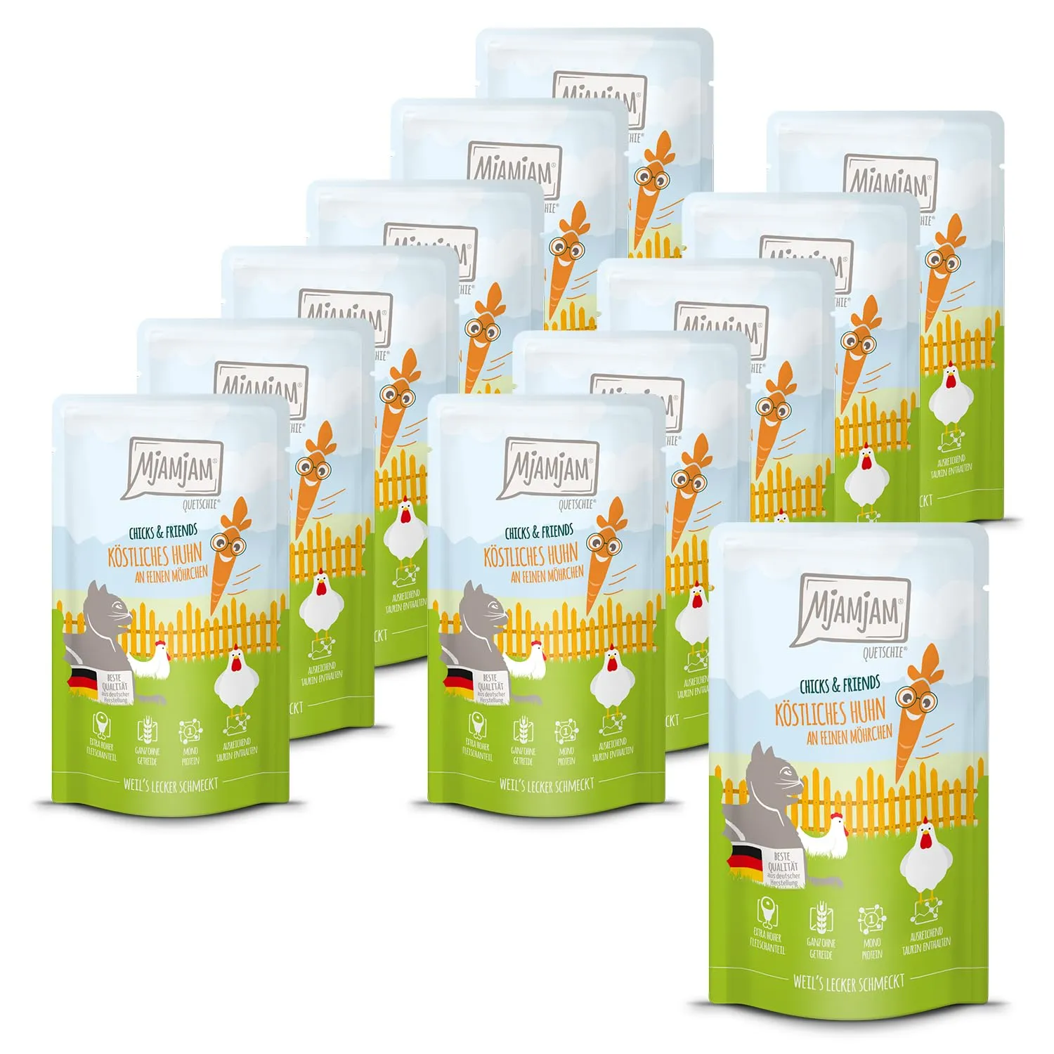 MjAMjAM - Cibo umido premium per gatti - Quetschie - Chicks & Friends delizioso pollo con carote fini, confezione da 12 (12 x 125g), senza cereali - immagine 1