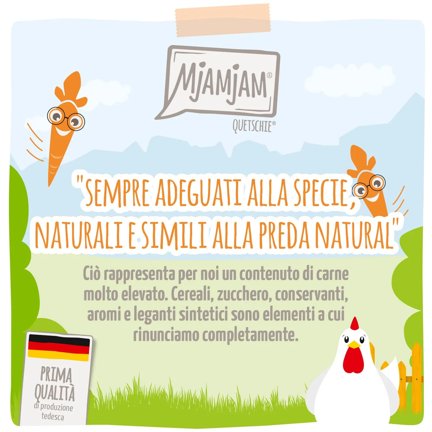 MjAMjAM - Cibo umido premium per gatti - Quetschie - Chicks & Friends delizioso pollo con carote fini, confezione da 12 (12 x 125g), senza cereali - immagine 2