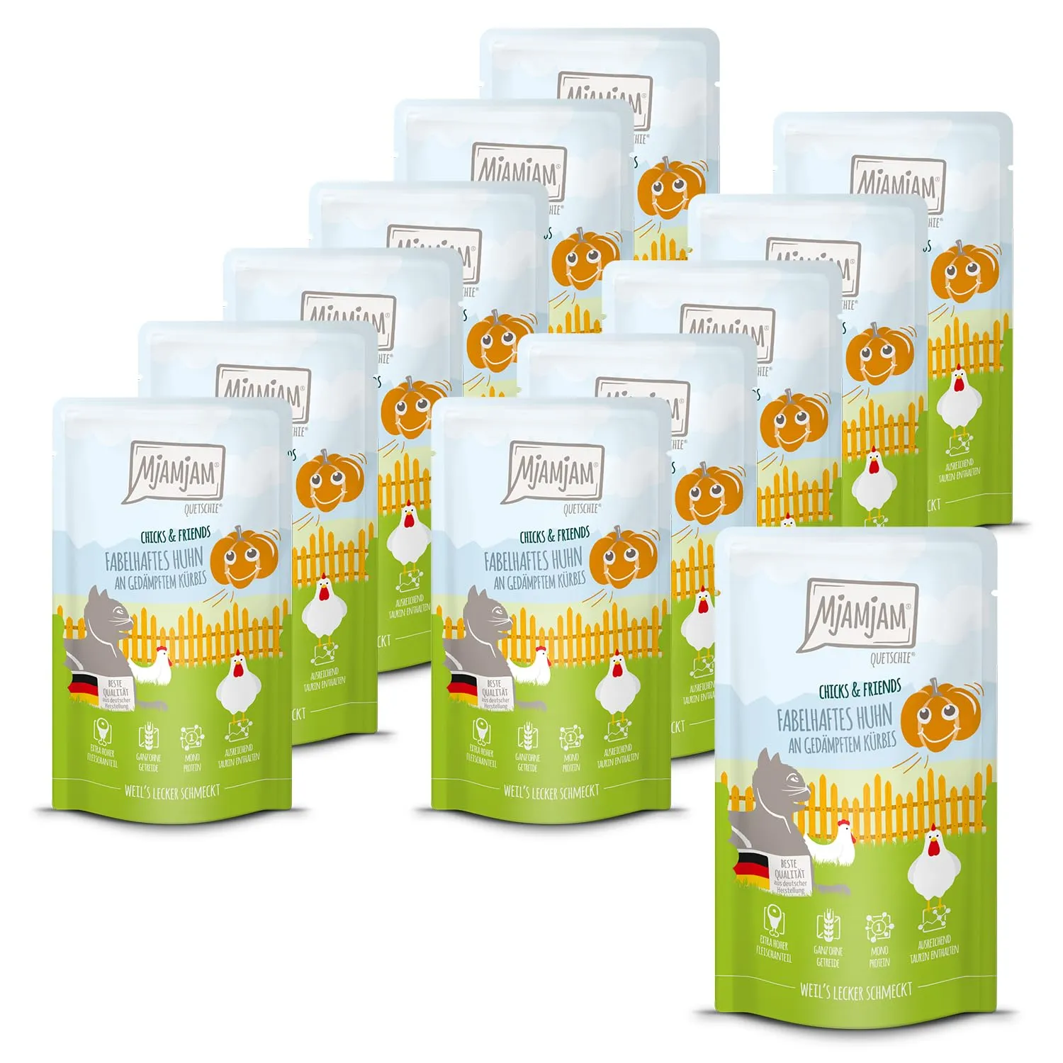 MjAMjAM - Cibo umido premium per gatti - Quetschie - Chicks & Friends favoloso pollo con zucca al vapore, confezione da 12 (12 x 125g), senza cereali - immagine 1