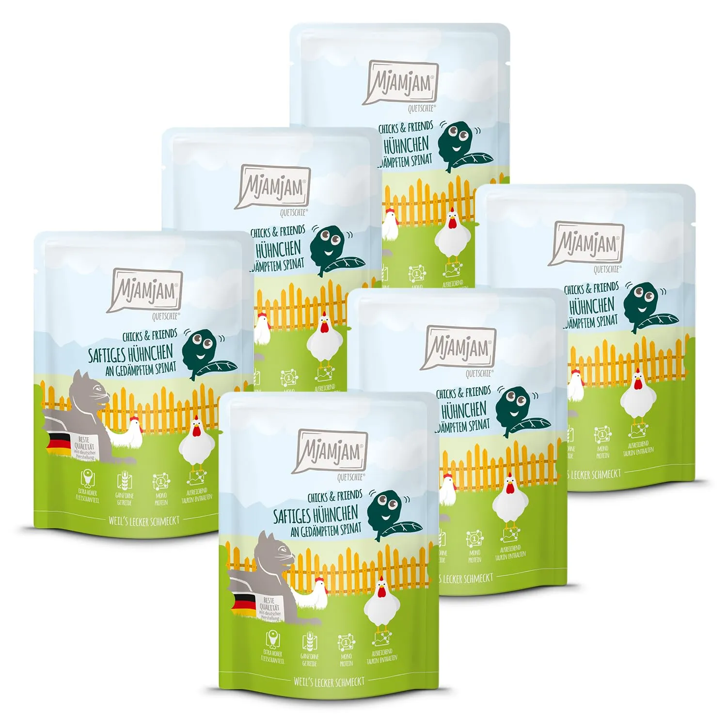 MjAMjAM - Cibo umido Premium per gatti - Quetschie - Chicks & Friends pollo succoso con spinaci al vapore, confezione da 6 (6 x 300g), senza cereali - immagine 1