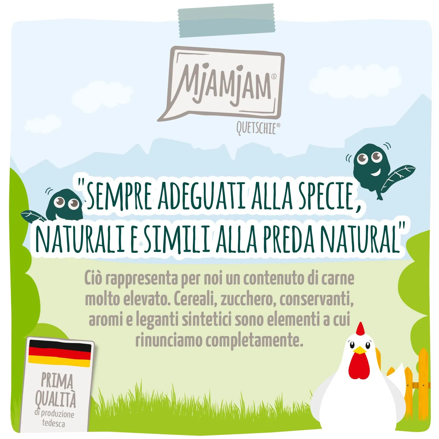 MjAMjAM - Cibo umido Premium per gatti - Quetschie - Chicks & Friends pollo succoso con spinaci al vapore, confezione da 6 (6 x 300g), senza cereali - immagine 2