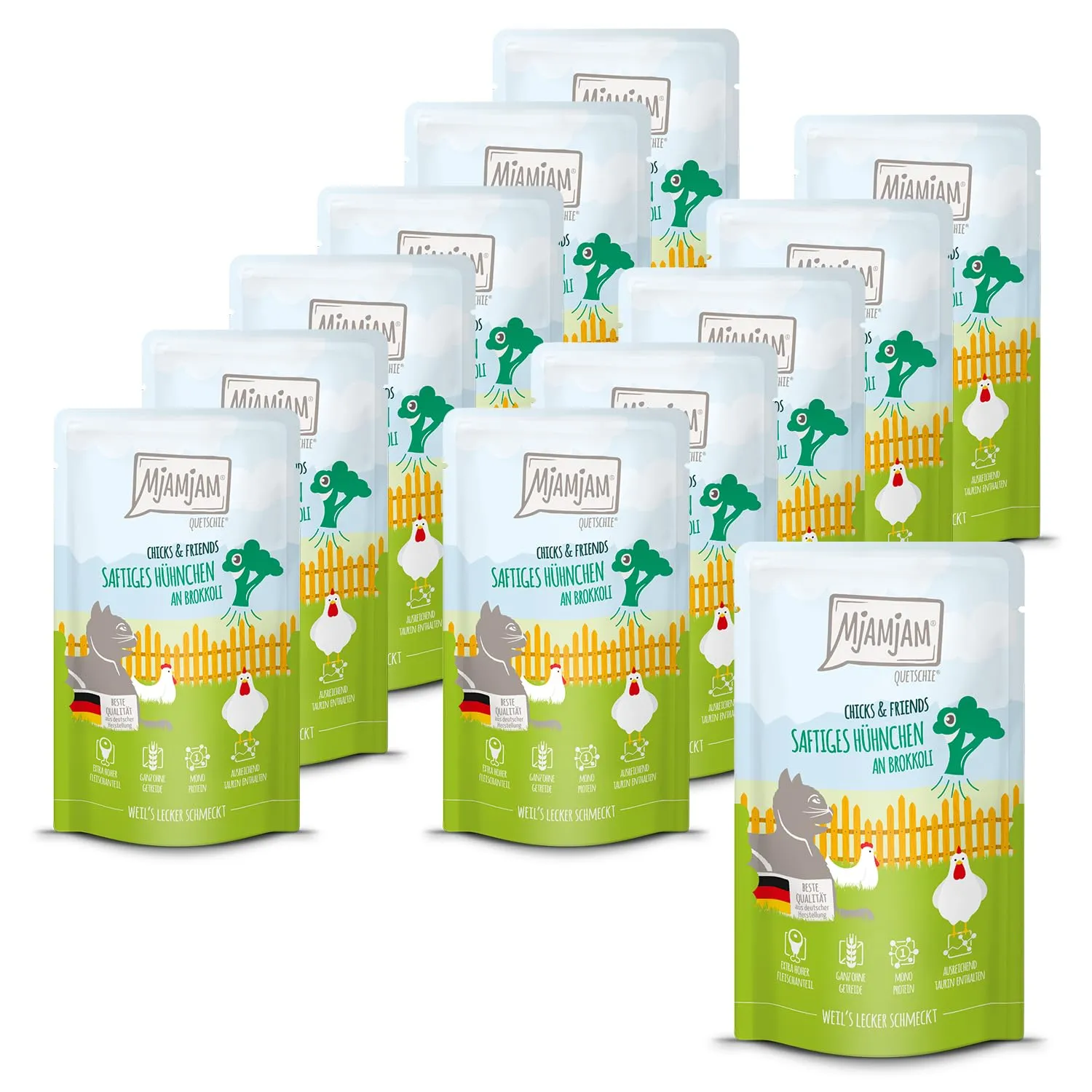 MjAMjAM - Cibo umido premium per gatti - Quetschie - Chicks & Friends pollo succoso con broccoli, confezione da 12 (12 x 125g), senza cereali - immagine 1