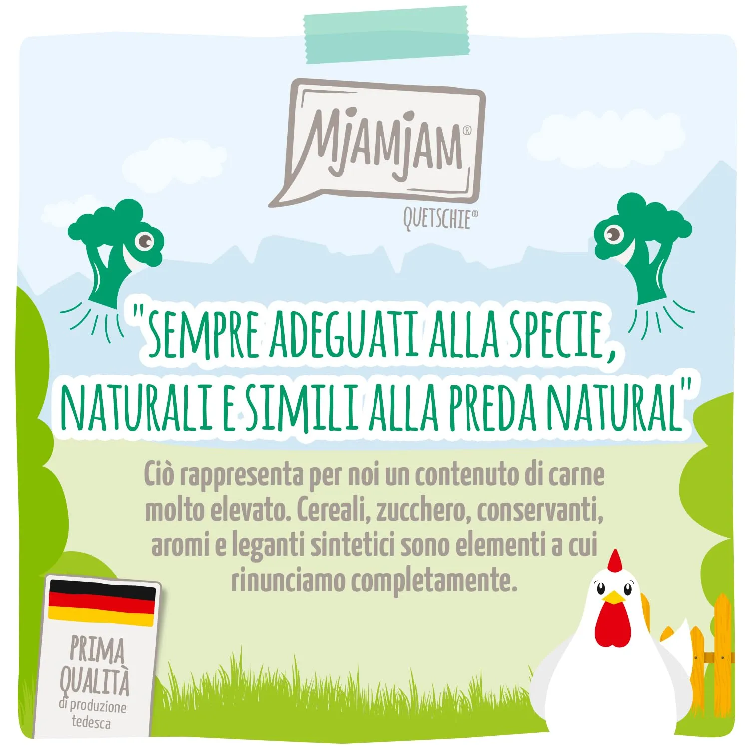 MjAMjAM - Cibo umido premium per gatti - Quetschie - Chicks & Friends pollo succoso con broccoli, confezione da 12 (12 x 125g), senza cereali - immagine 2