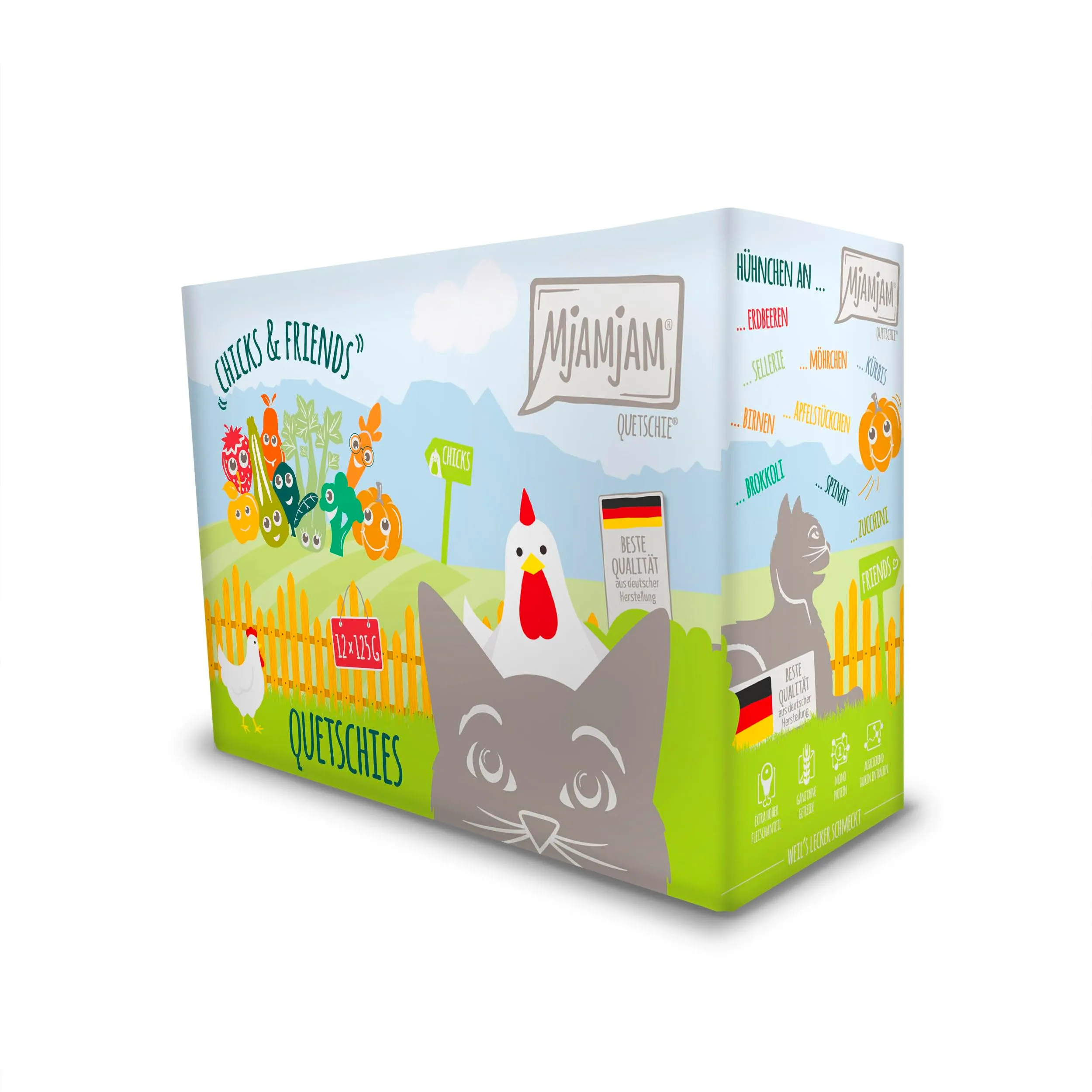 MjAMjAM - Cibo umido premium per gatti - Chicks & Friends Box, confezione da 12 (12 x 125 g), senza cereali con carne extra - immagine 2