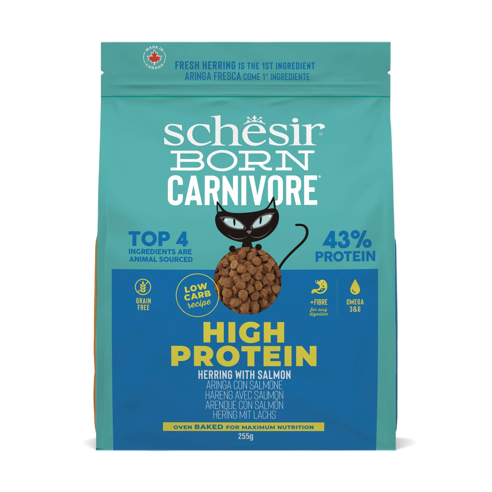 Schesir Born Carnivore, Alimento Secco Completo Per Gatti Adulti, Aringa con Salmone, Alto Contenuto Proteico, Cotto in Forno, Grain Free, 255 g - immagine 1