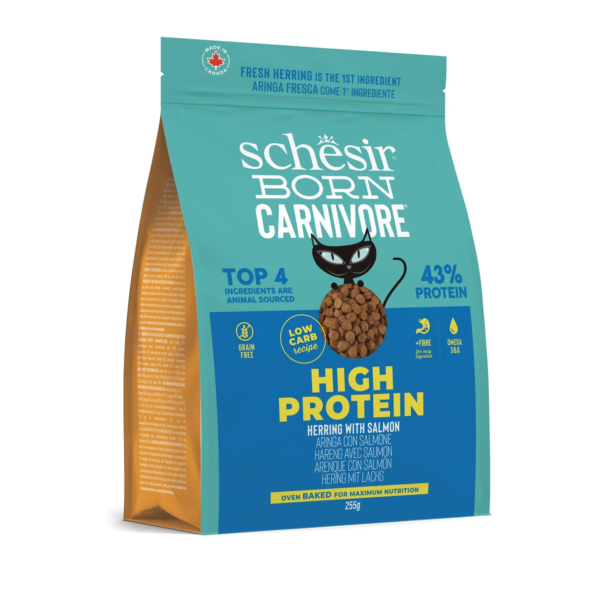 Schesir Born Carnivore, Alimento Secco Completo Per Gatti Adulti, Aringa con Salmone, Alto Contenuto Proteico, Cotto in Forno, Grain Free, 255 g - immagine 2