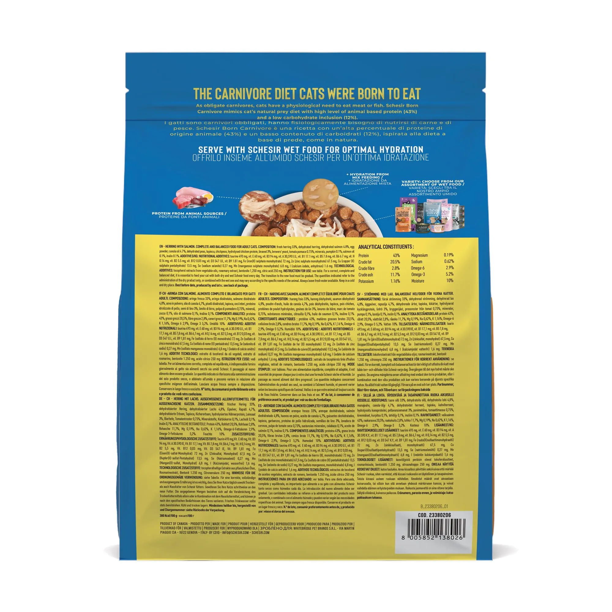 Schesir Born Carnivore, Alimento Secco Completo Per Gatti Adulti, Aringa con Salmone, Alto Contenuto Proteico, Cotto in Forno, Grain Free, 255 g - immagine 3