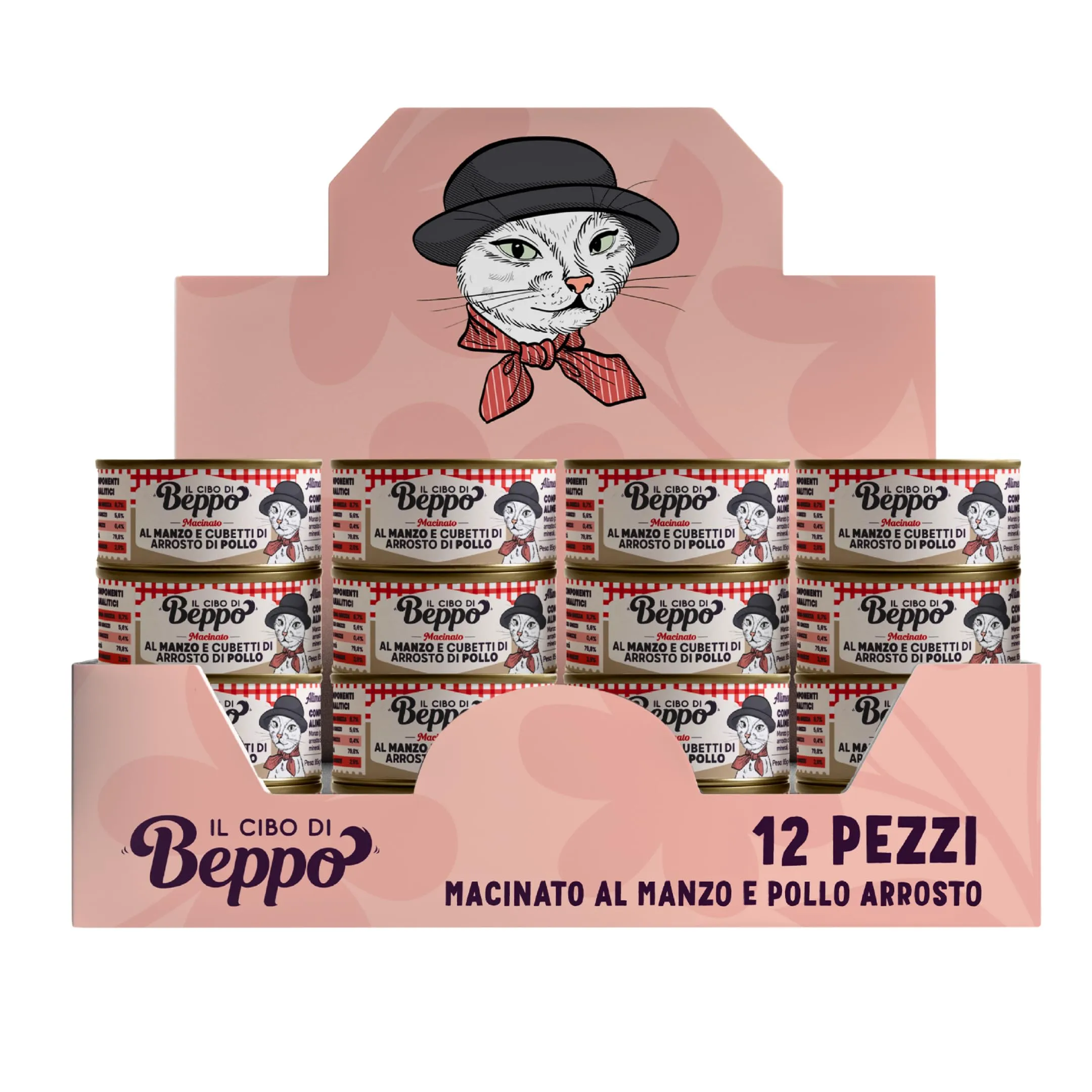 Il Cibo di Beppo Umido Macinato per Gatti Sterilizzati - 12 Lattine da 85g - Alimento Completo di Alta Qualità (12 lattine da 85g, Macinato - Manzo con cubetti di Pollo) - immagine 1