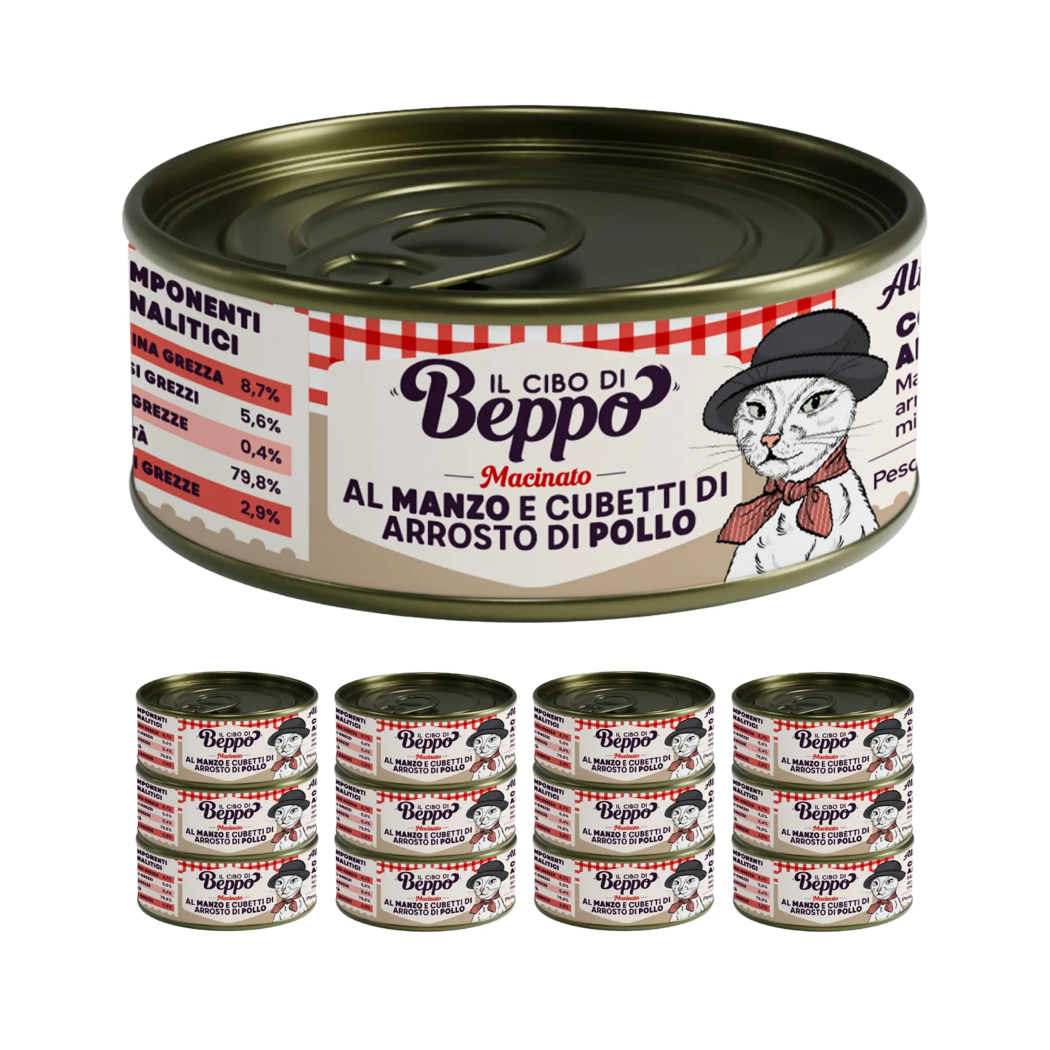 Il Cibo di Beppo Umido Macinato per Gatti Sterilizzati - 12 Lattine da 85g - Alimento Completo di Alta Qualità (12 lattine da 85g, Macinato - Manzo con cubetti di Pollo) - immagine 3