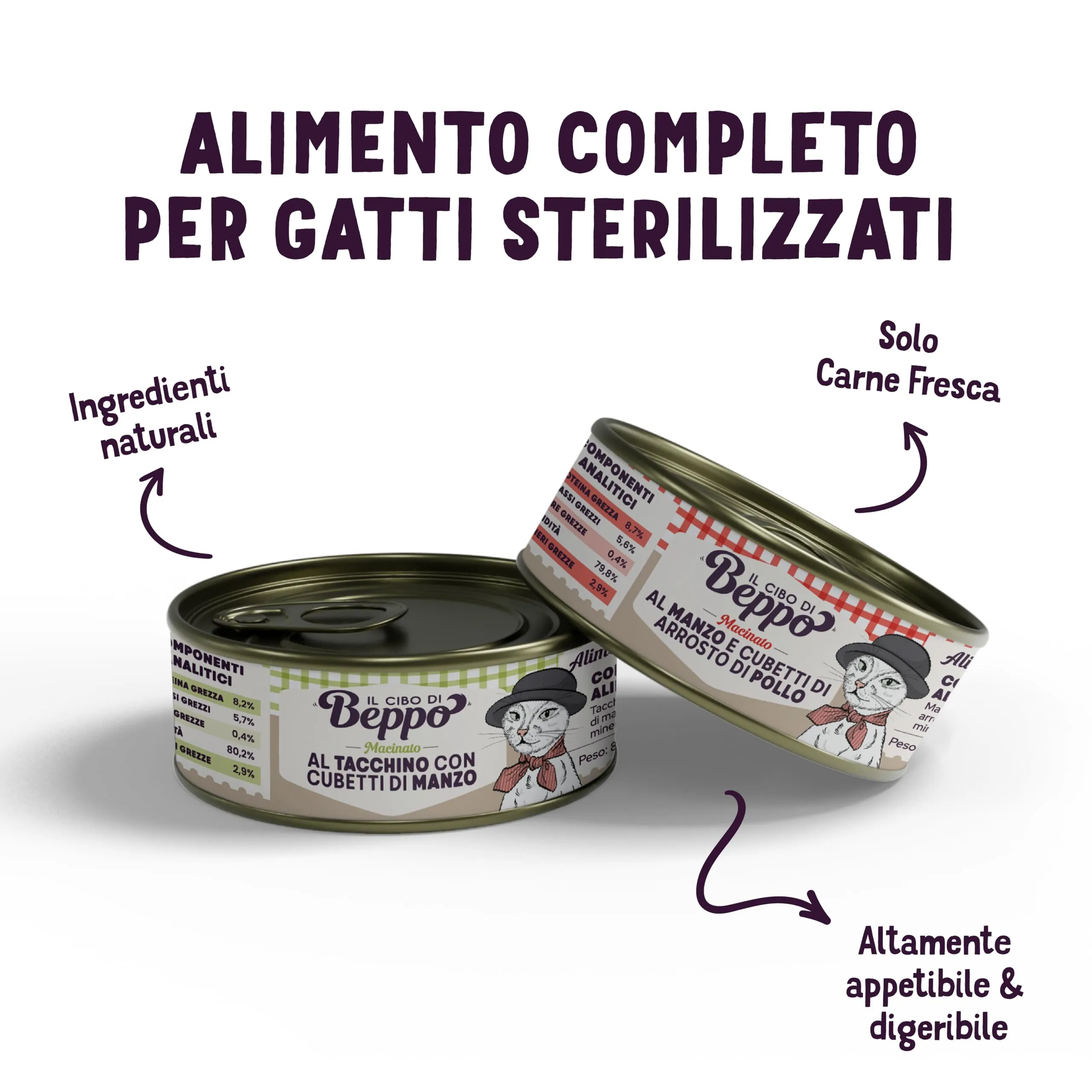 Il Cibo di Beppo Umido Macinato per Gatti Sterilizzati - 12 Lattine da 85g - Alimento Completo di Alta Qualità (12 lattine da 85g, Macinato - Manzo con cubetti di Pollo) - immagine 5