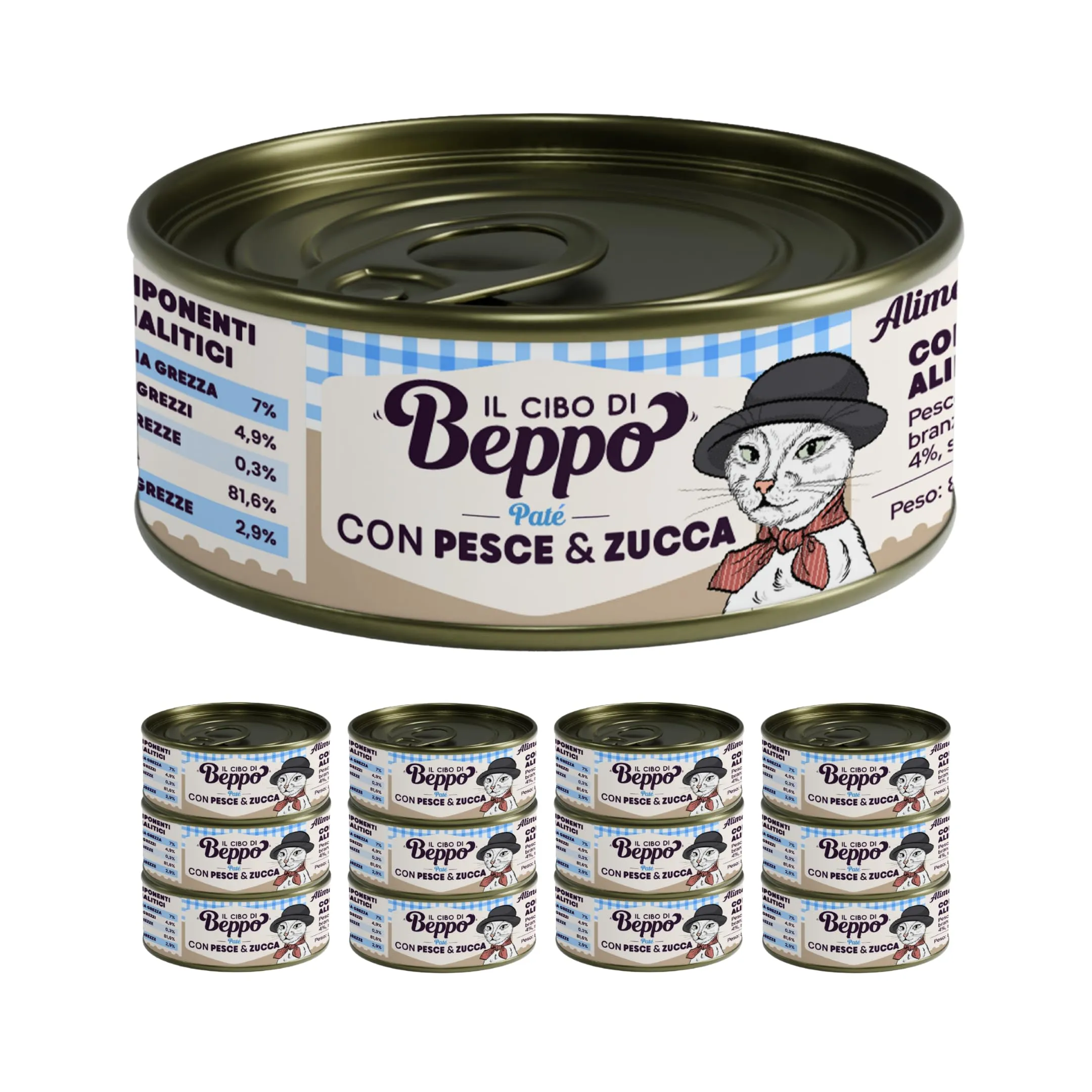 Il Cibo di Beppo Umido Macinato per Gatti Sterilizzati - 12 Lattine da 85g - Alimento Completo di Alta Qualità (12 lattine da 85g, Paté - Pesce e Zucca) - immagine 3