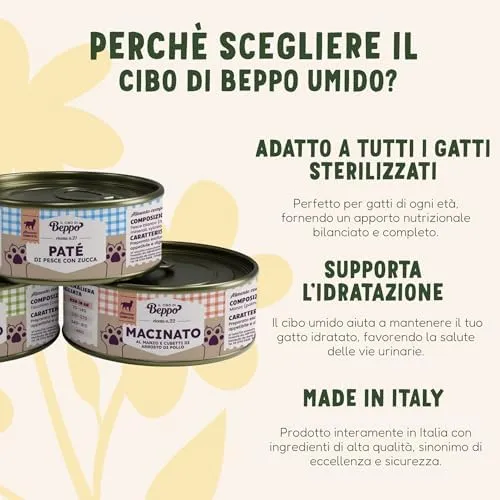 Il Cibo di Beppo Umido Paté per Gatti Sterilizzati - 12 Lattine da 85g - Alimento Completo di Alta Qualità (12 lattine da 85g, Paté - Pollo e Zucca) - immagine 3