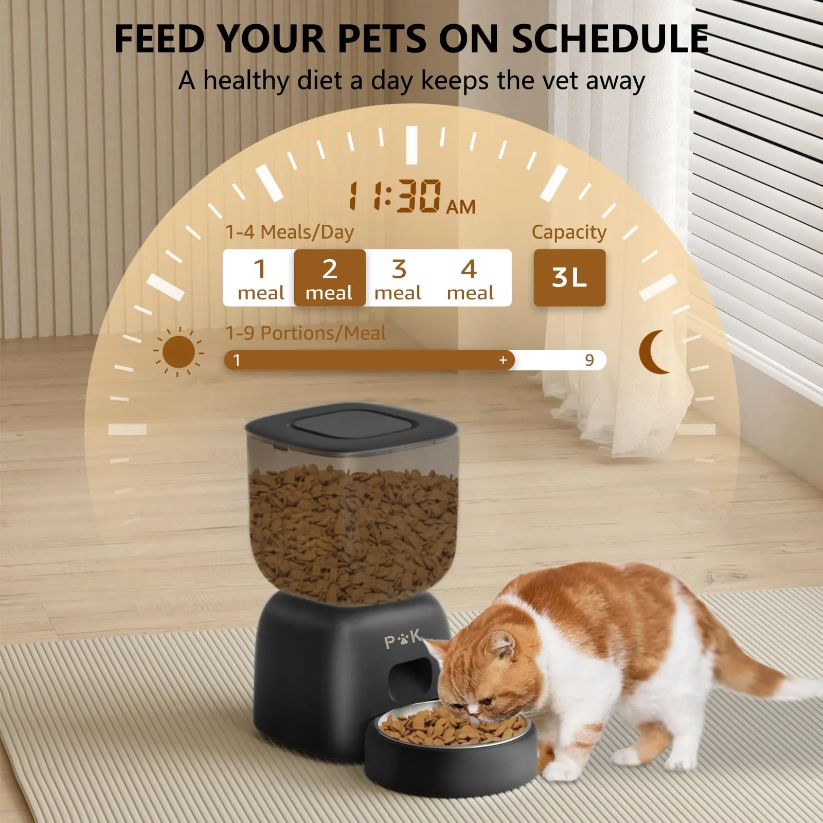 PUPPY KITTY Cady Distributore Automatico Cibo Gatti, 3L Dispenser Cibo Gatti con 10S Registrazion, Durata Della Batteria fino a 180 giorni, Orari di Mangiatoia Personalizzati, 1-4 Pasti al Giorno - immagine 2