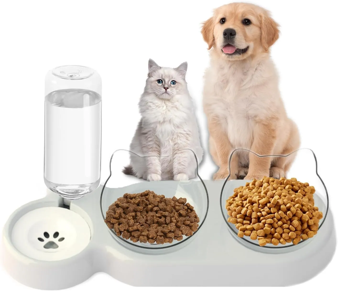 Set di ciotole 3 in 1 per gatti, doppia ciotola con erogatore d'acqua, ciotola per cibo per gatti e cani di piccola taglia (fondo grigio, ciotola trasparente) - immagine 1