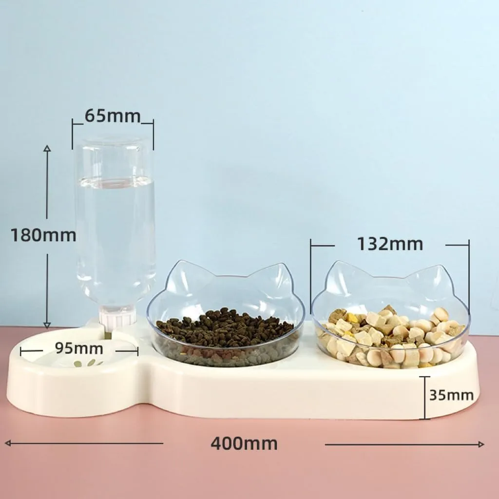 Set di ciotole 3 in 1 per gatti, doppia ciotola con erogatore d'acqua, ciotola per cibo per gatti e cani di piccola taglia (fondo grigio, ciotola trasparente) - immagine 2
