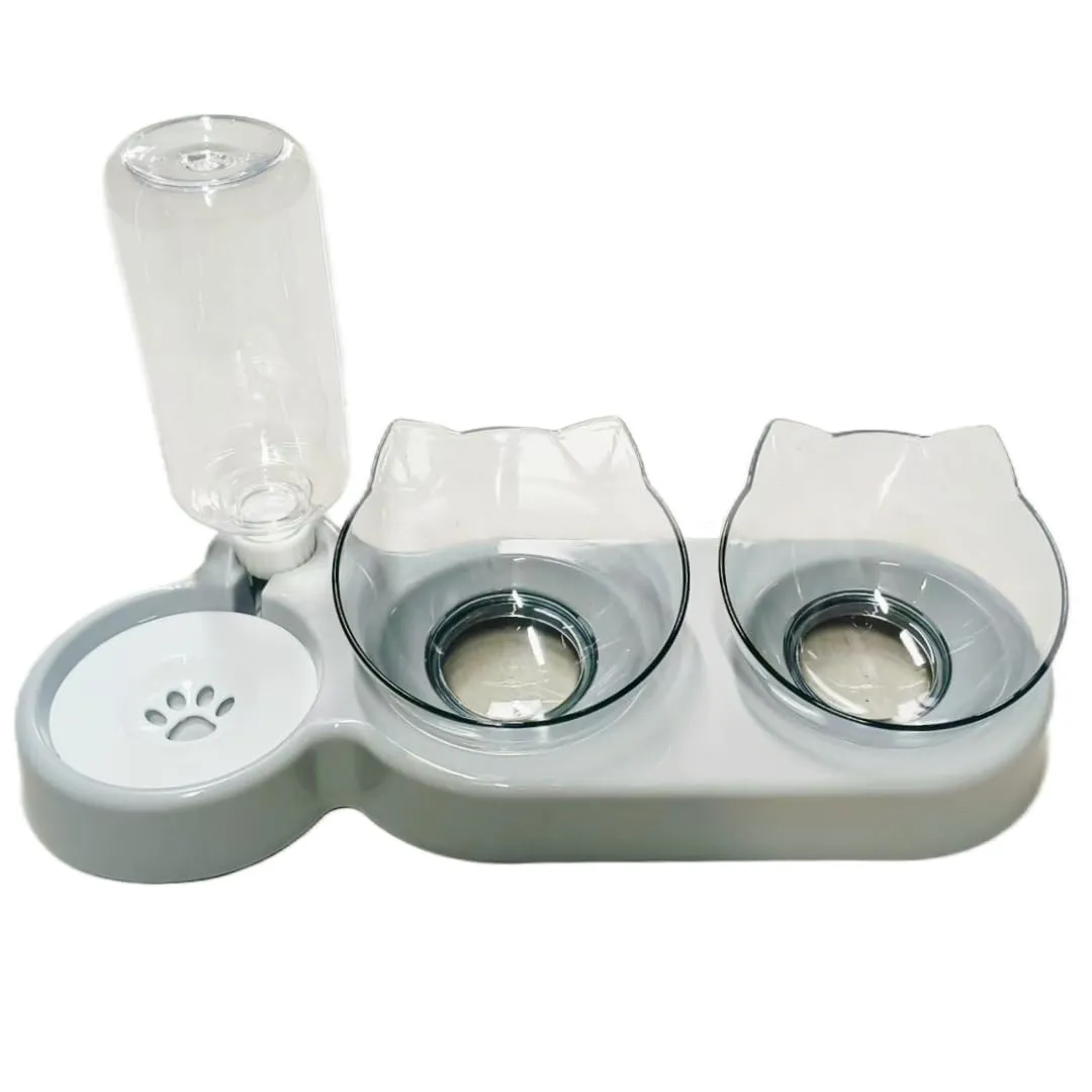 Set di ciotole 3 in 1 per gatti, doppia ciotola con erogatore d'acqua, ciotola per cibo per gatti e cani di piccola taglia (fondo grigio, ciotola trasparente) - immagine 4
