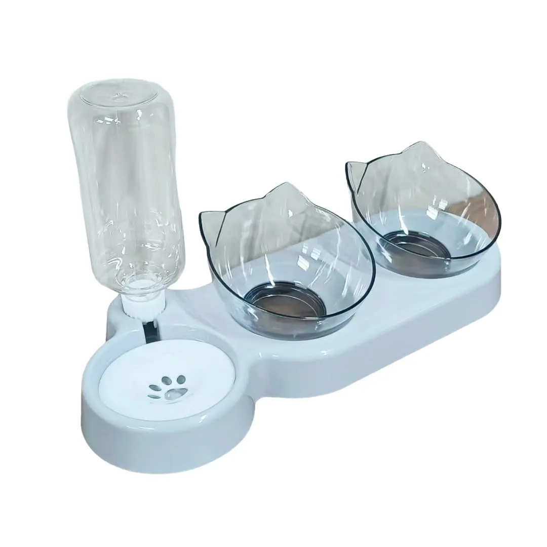 Set di ciotole 3 in 1 per gatti, doppia ciotola con erogatore d'acqua, ciotola per cibo per gatti e cani di piccola taglia (fondo grigio, ciotola trasparente) - immagine 5