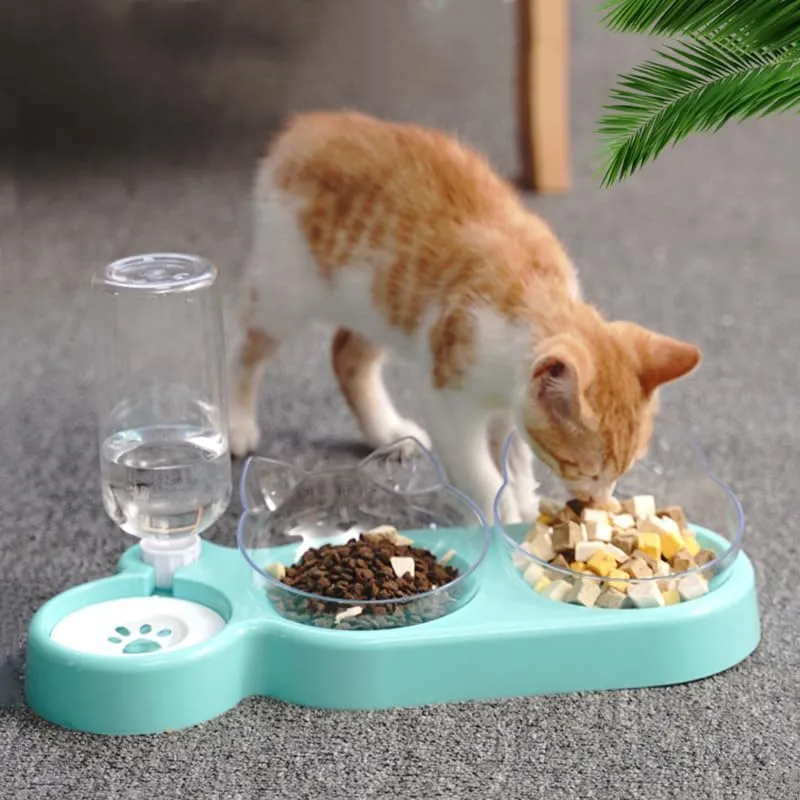 Set di ciotole 3 in 1 per gatti, doppia ciotola con erogatore d'acqua, ciotola per cibo per gatti e cani di piccola taglia (fondo grigio, ciotola trasparente) - immagine 6