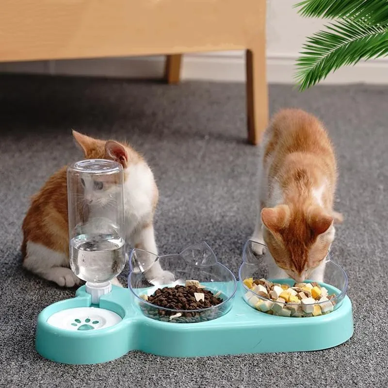Set di ciotole 3 in 1 per gatti, doppia ciotola con erogatore d'acqua, ciotola per cibo per gatti e cani di piccola taglia (fondo grigio, ciotola trasparente) - immagine 7