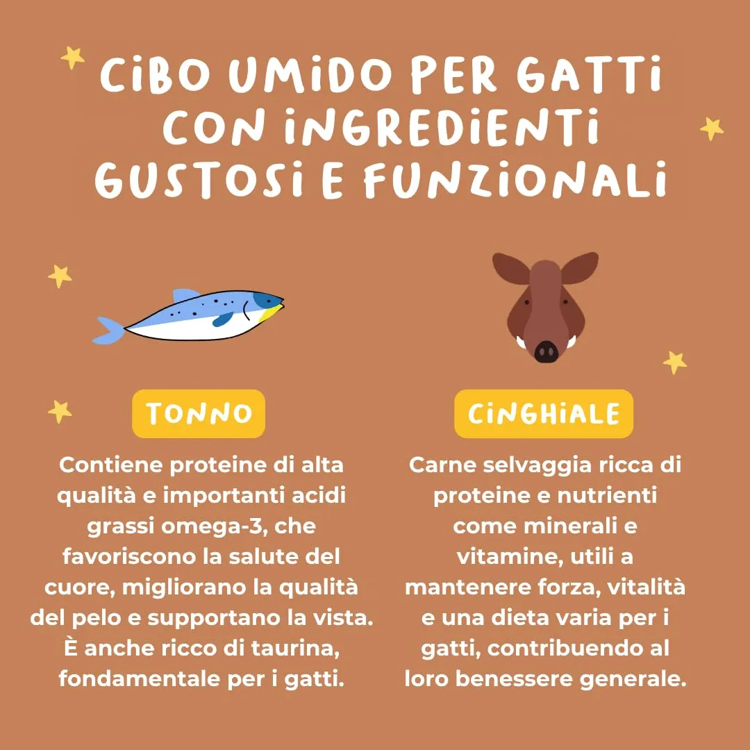 Hygge Cat Filetti di Tonno e Cinghiale 70% | Cibo Umido per Gatti Adulti Grain Free, Senza Cereali | Scatolette Gatto 18 x 70 g in Brodo | con Omega 3 e Taurina | Made in Italy - immagine 3