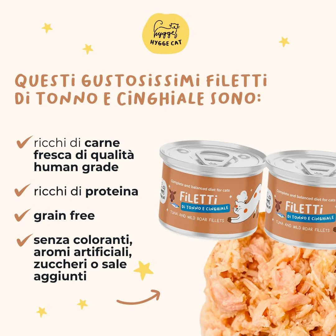 Hygge Cat Filetti di Tonno e Cinghiale 70% | Cibo Umido per Gatti Adulti Grain Free, Senza Cereali | Scatolette Gatto 36 x 70 g in Brodo | con Omega 3 e Taurina | Made in Italy - immagine 2