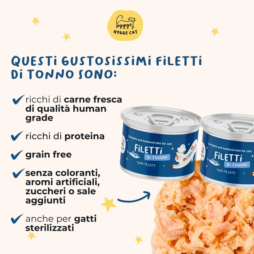 Hygge Cat Filetti di Tonno 70% | Cibo Umido per Gatti Sterilizzati Grain Free, Senza Cereali | Scatolette Gatto 18 x 70 g in Brodo | Monoproteico, con Omega 3 e Taurina | Made in Italy - immagine 2
