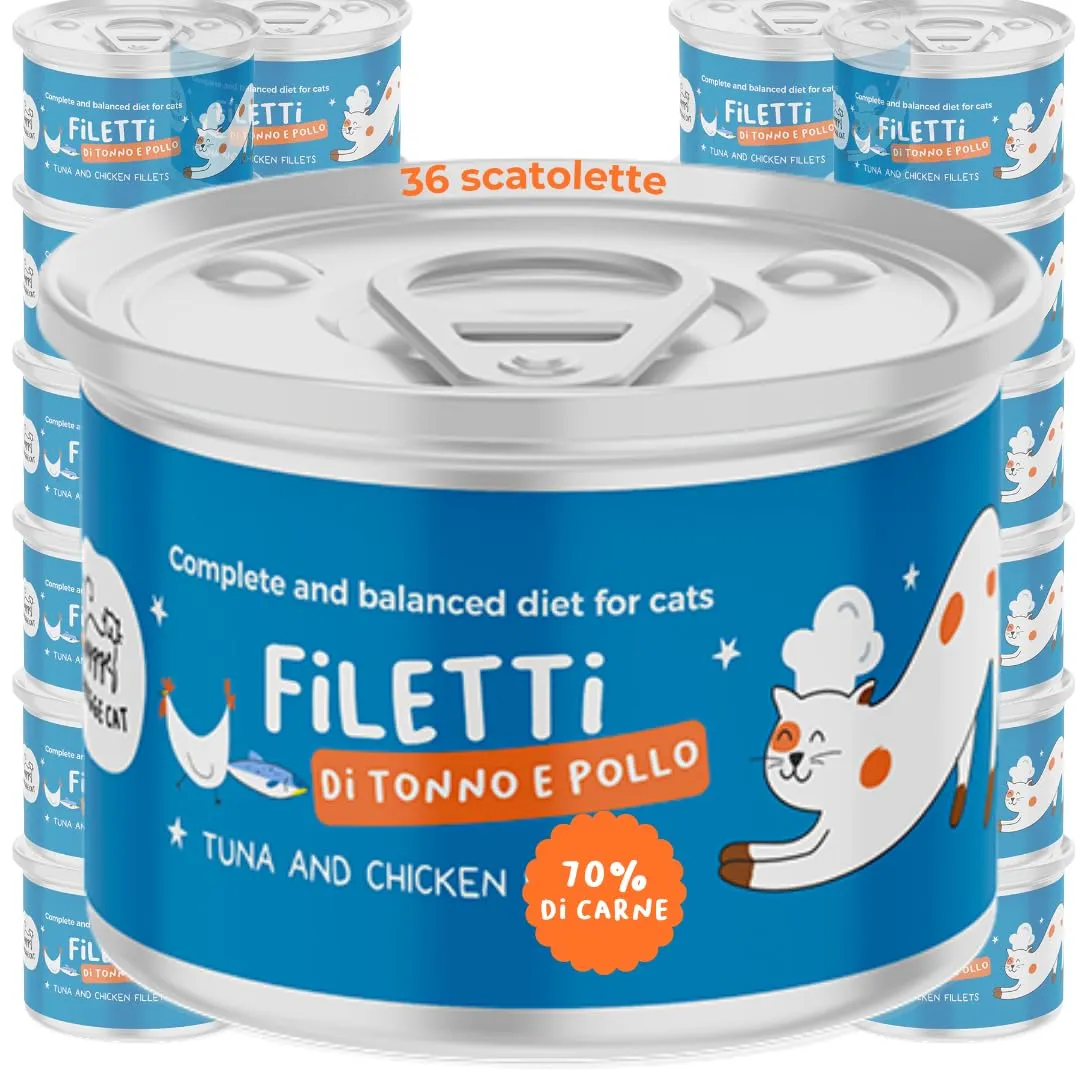 Hygge Cat Filetti di Tonno e Pollo 70% | Cibo Umido per Gatti Adulti Grain Free, Senza Cereali | Scatolette Gatto 36 x 70 g in Brodo | con Omega 3 e Taurina | Made in Italy - immagine 1