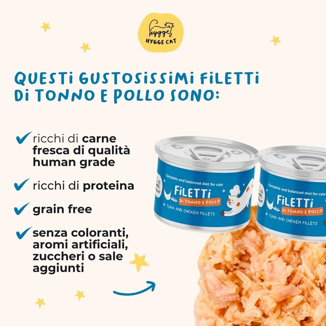 Hygge Cat Filetti di Tonno e Pollo 70% | Cibo Umido per Gatti Adulti Grain Free, Senza Cereali | Scatolette Gatto 36 x 70 g in Brodo | con Omega 3 e Taurina | Made in Italy - immagine 2