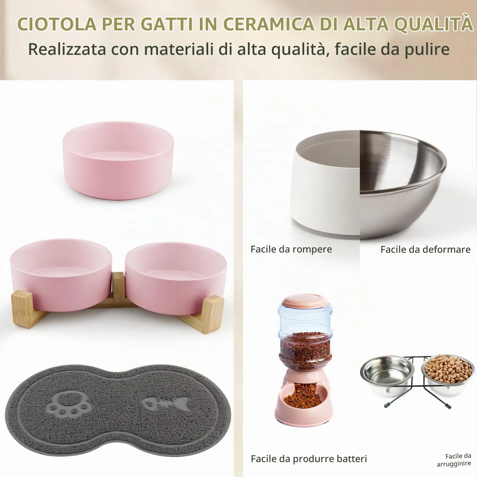 Zosenyer Ciotole per Gatti, Ciotola Ceramica Gatto con Staffa 400ML, Distributore per cibo con 2 Ciotole, Adatto a Gatti di Tutte le Dimensioni e Cuccioli (Rosa) - immagine 7